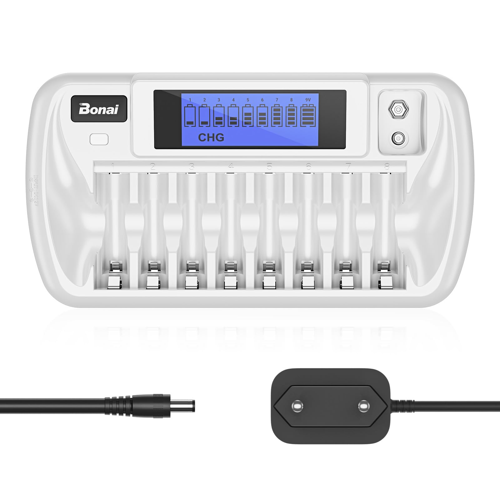 Bonai Caricabatterie 9 Slot per Batterie AA/AAA/9V