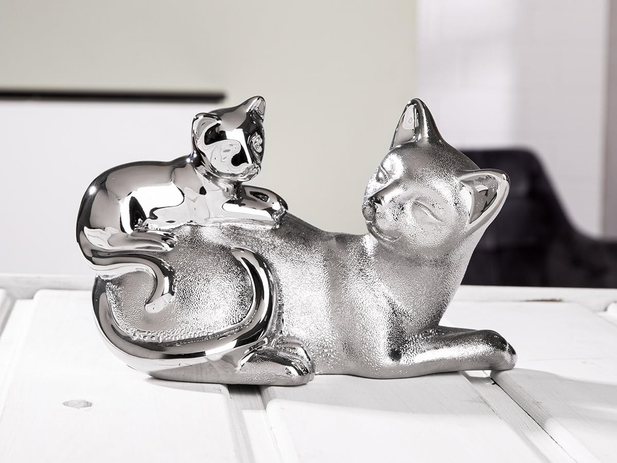Set 2 Statuette Gatto in Porcellana, Argento