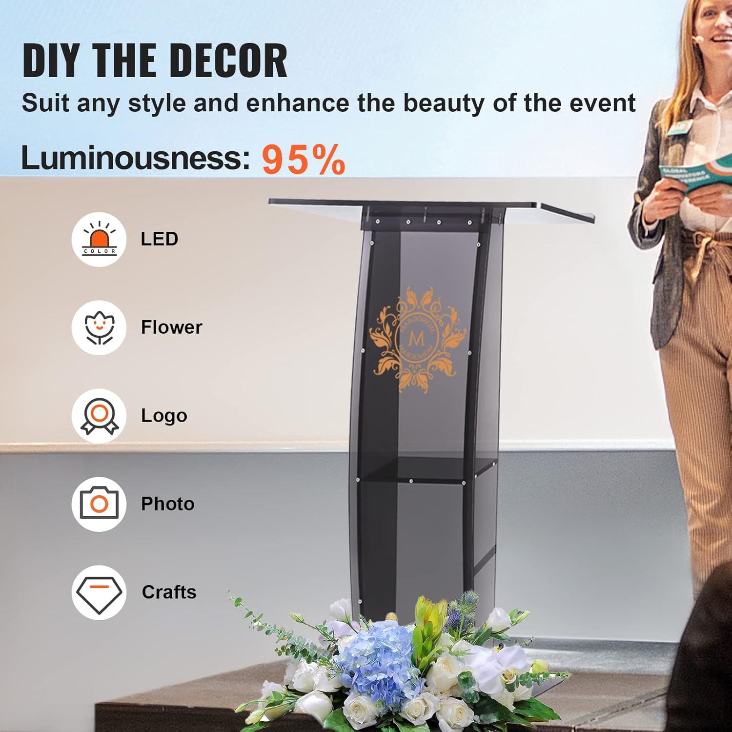 VEVOR Podio per Conferenze in Acrilico Nero - immagine 3