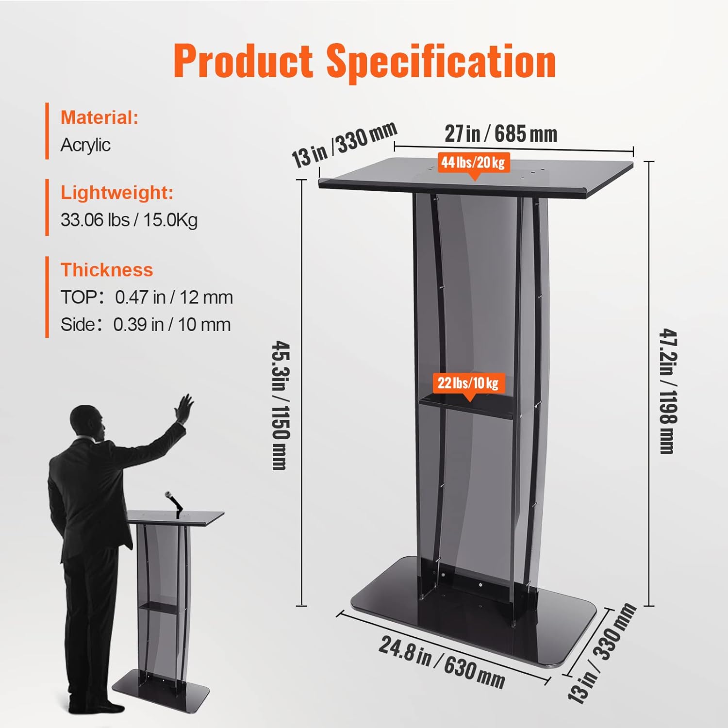 VEVOR Podio per Conferenze in Acrilico Nero - immagine 7