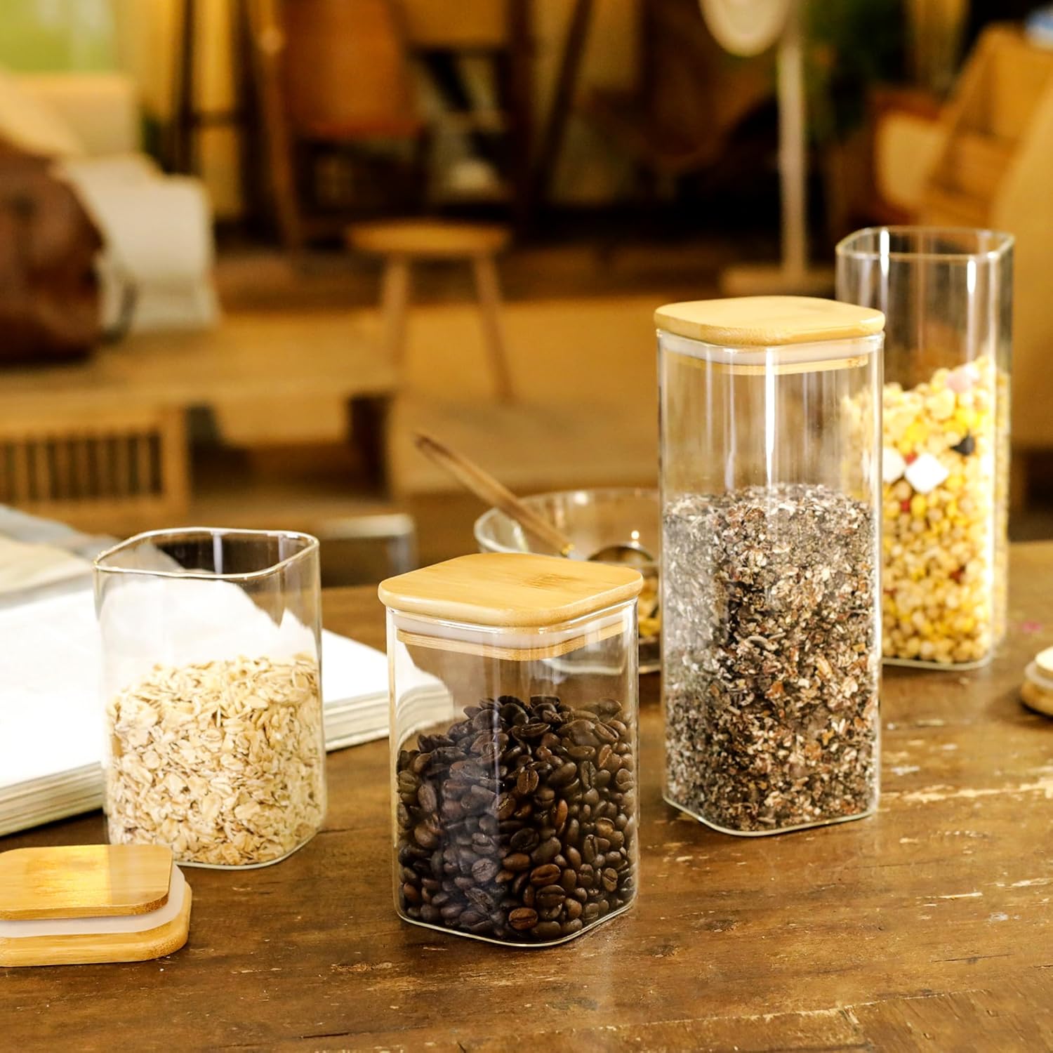 Libwys Set 12 Barattoli Rettangolari con Coperchio Bambù - immagine 3