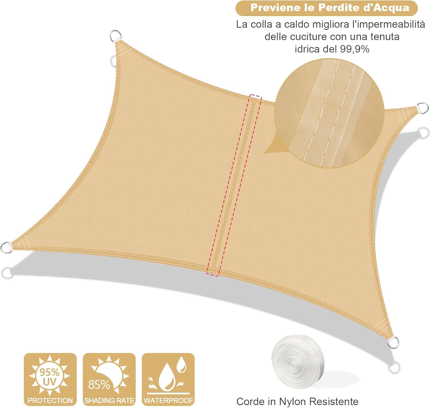 Axt Shade Vela Ombreggiante Impermeabile Rettangolare 3x4m, Sabbia - immagine 2