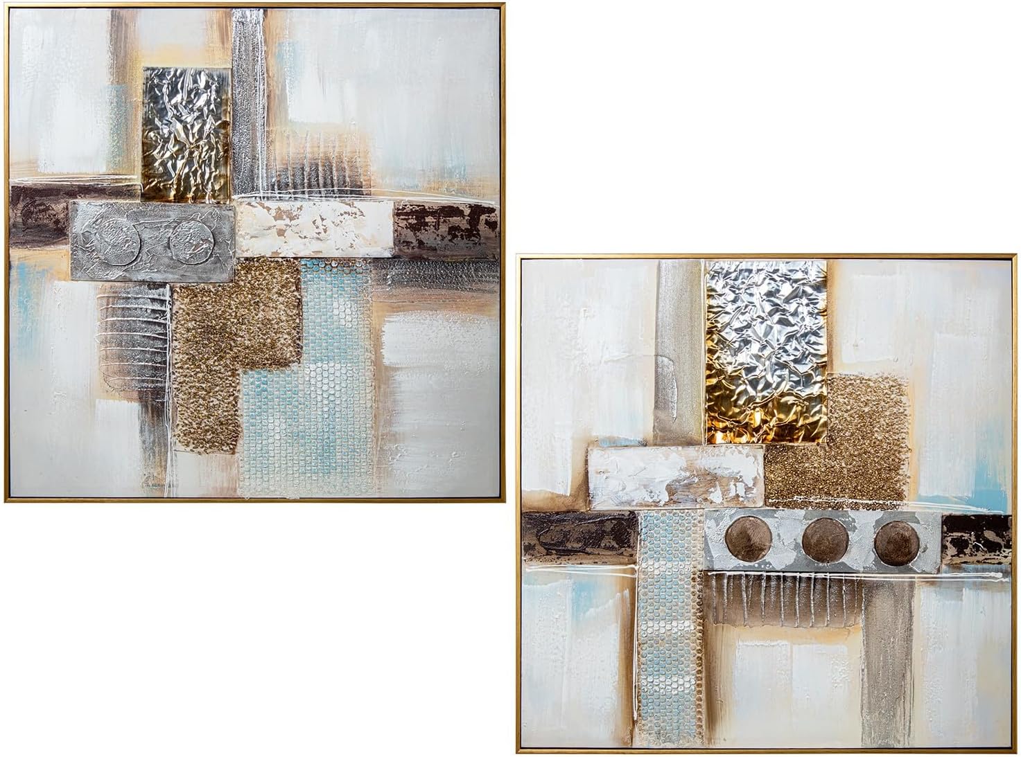 DRW Set di 2 quadri quadrati astratti cornice dorata 82x4,5x82 cm