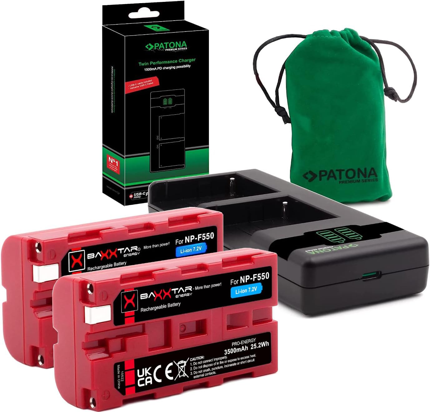 Baxxtar 2x NP-F550 Batteria 3500mAh con Caricatore USB-C