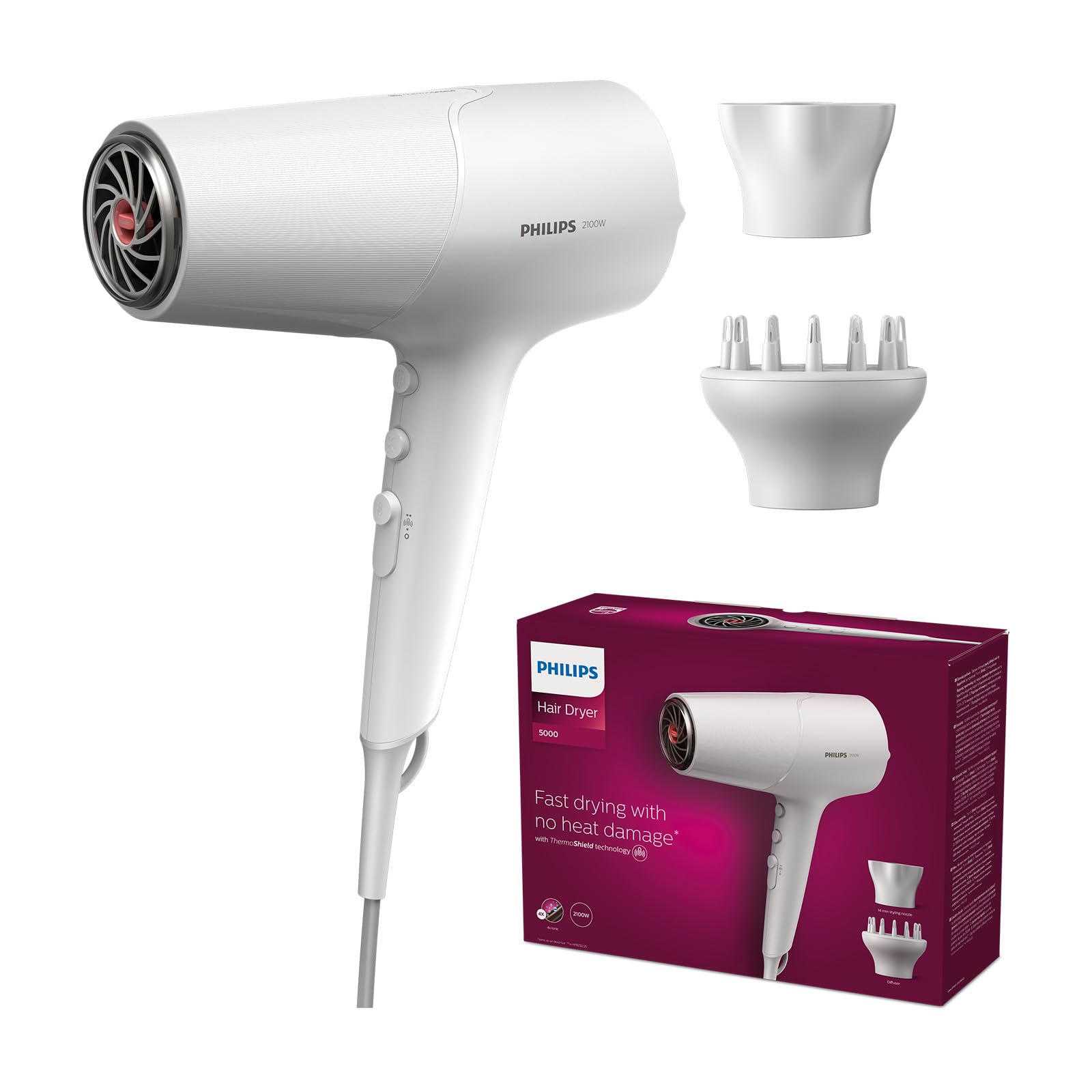 Philips Asciugacapelli Serie 5000 - 2100W, Bianco