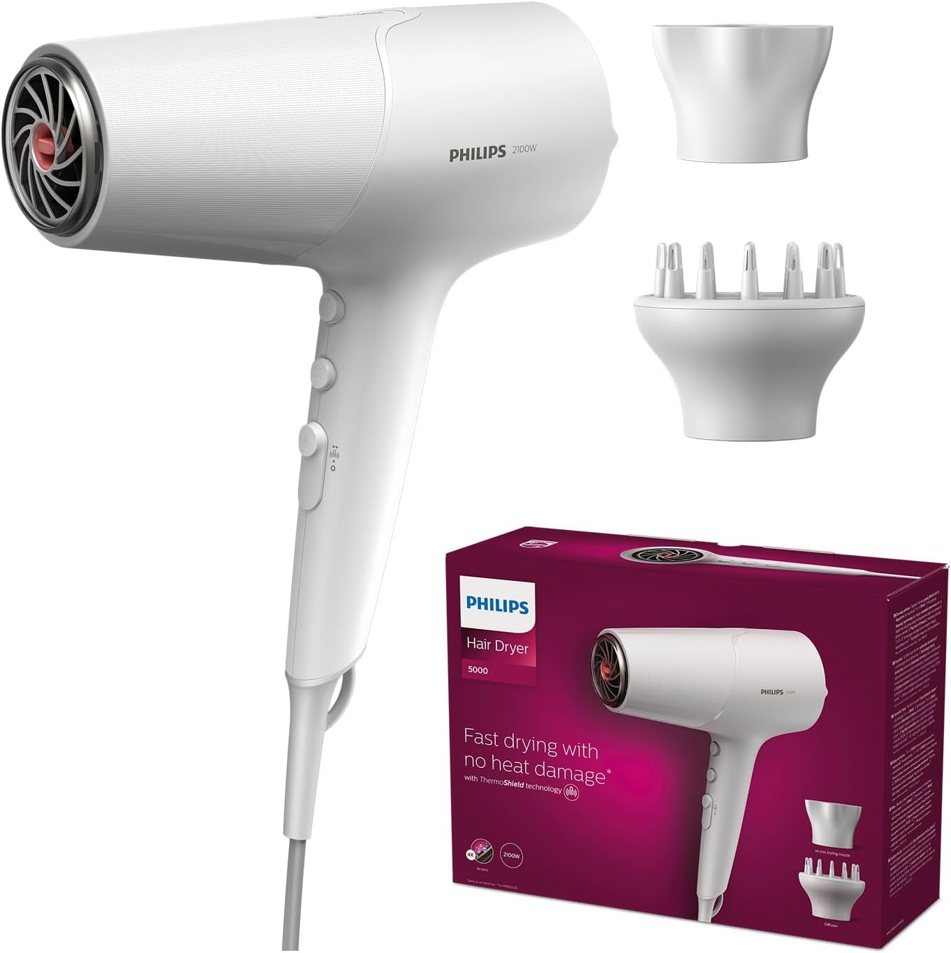 Philips Asciugacapelli Serie 5000 - 2100W, Bianco - immagine 1