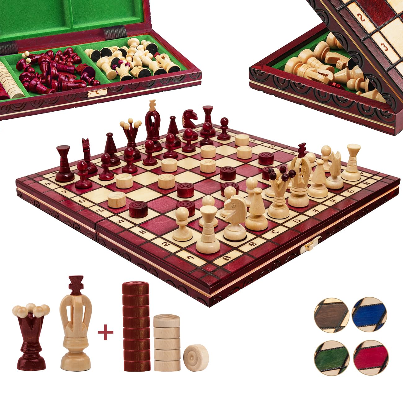 GREAT KINGDOM - Set di scacchi e dama 2 in 1, set di scacchi Master of Chess rosso, scacchiera da 35 x 35 cm, per adulti e bambini, set di scacchi e dama portatili fatti a mano