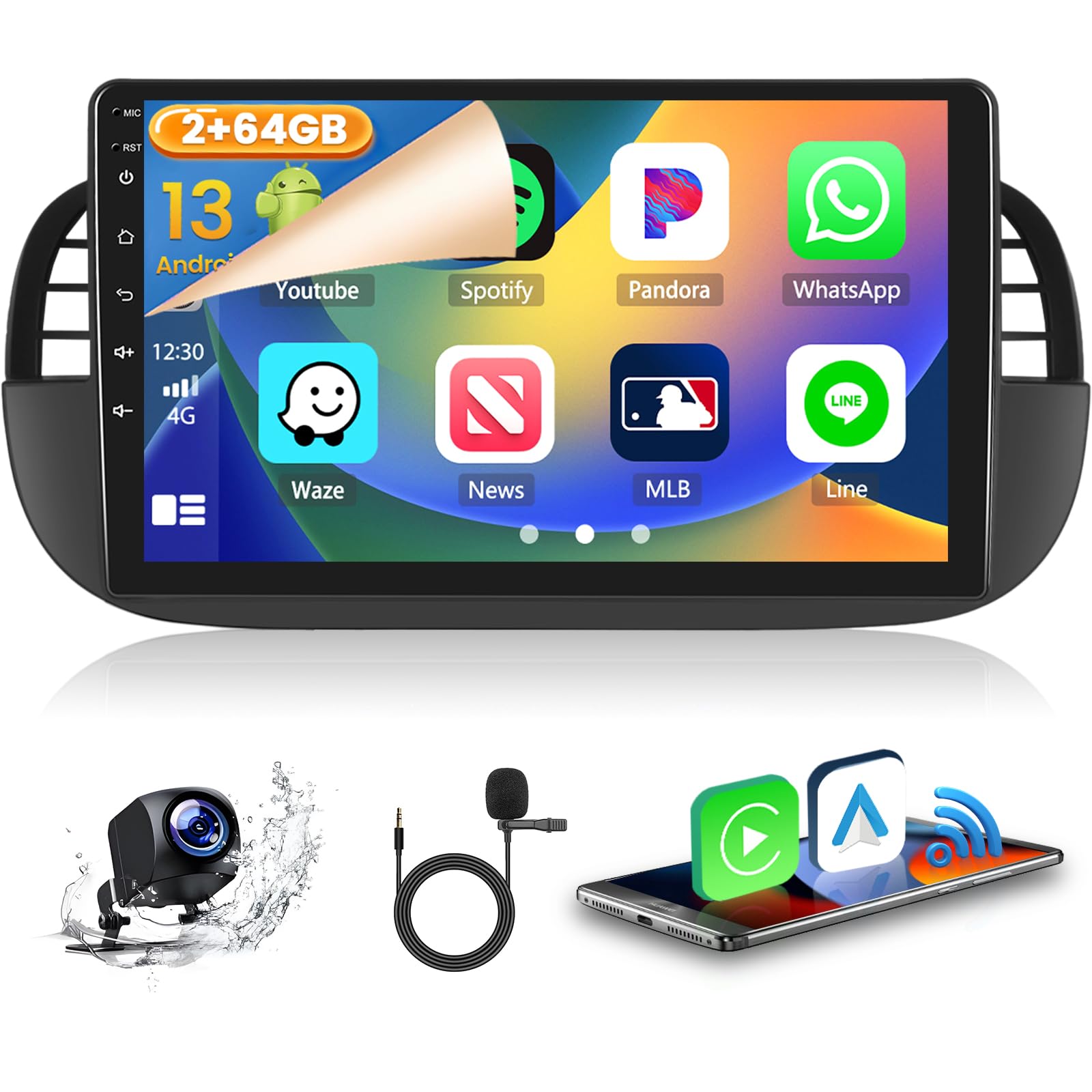 Hikity Android 13 Autoradio 9" per FIAT 500 2007-2015