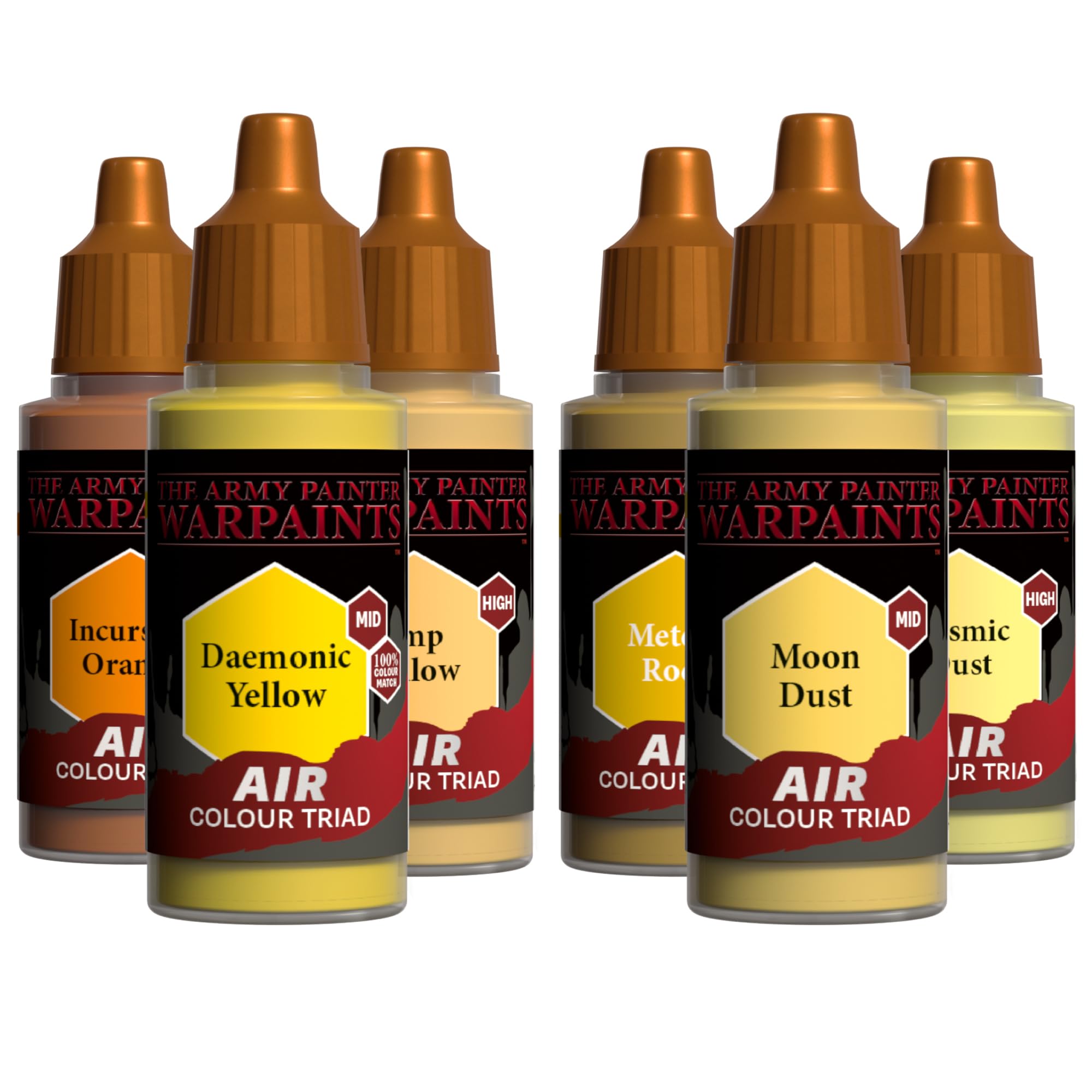 The Army Painter, Airbrush Primary Bundle Yellow, 2 triadi di colore giallo con 6 colori acrilici diluiti per aerografo da 18 ml - Vernice per una pistola a spruzzo per miniature di D&D e Warhammer