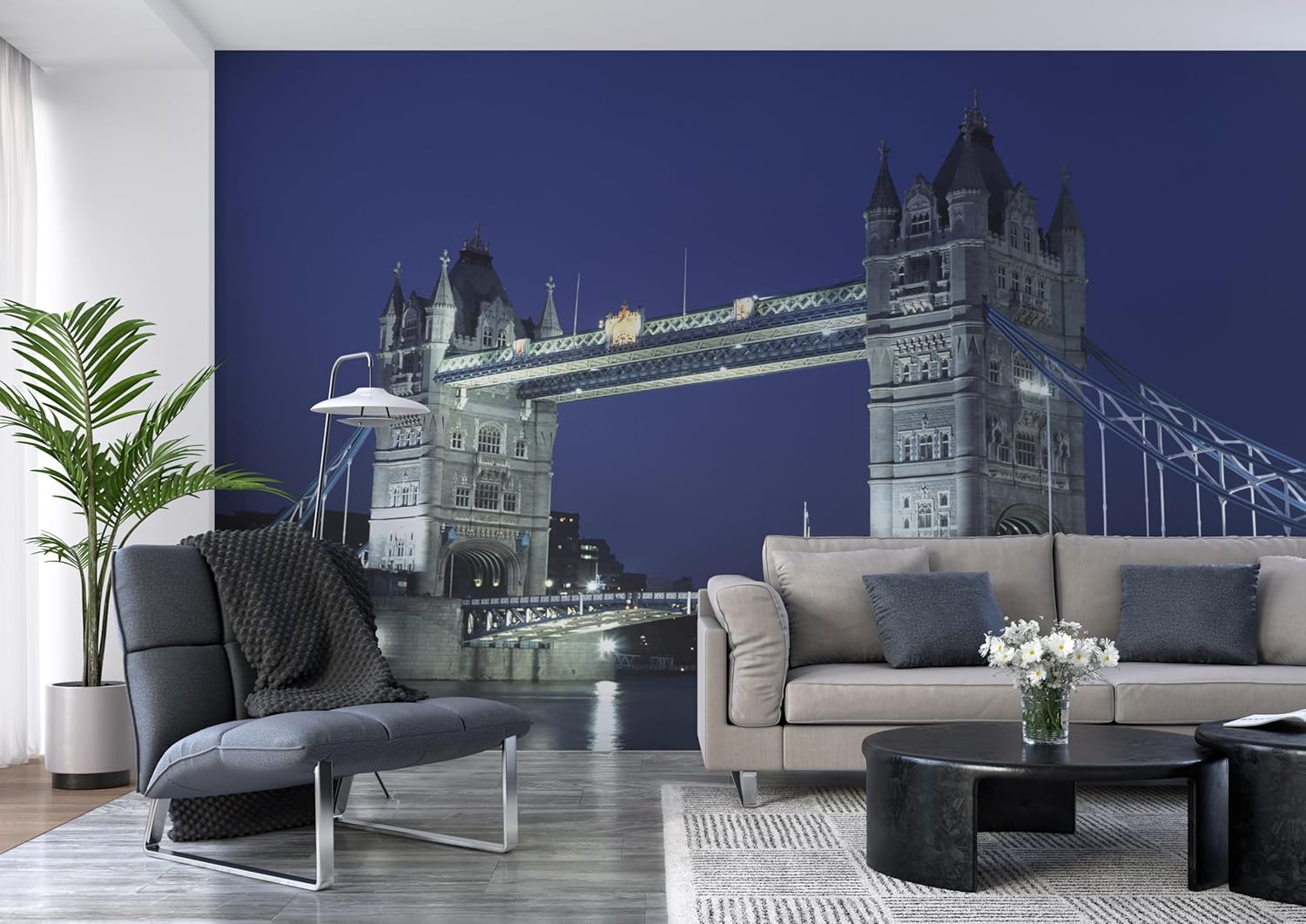 Rasch Carta da parati 849103 – Carta da parati fotografica su tessuto non tessuto con ponte in Inghilterra in nero, blu, viola e grigio della collezione Magicwalls – 2,65 m x 4,24 m (lunghezza x