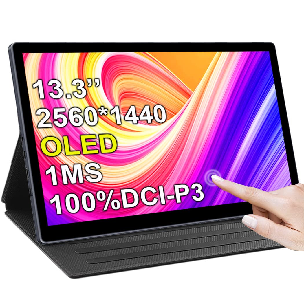 OLED Display Portatile 2k 13,3'' Touch Screen portatile, USB C Mobile Monitor, 54000:1, Freesync QHD IPS Display, 100% DCI-P3 1ms Monitor portatile per PC, smartphone, console di gioco, ecc.