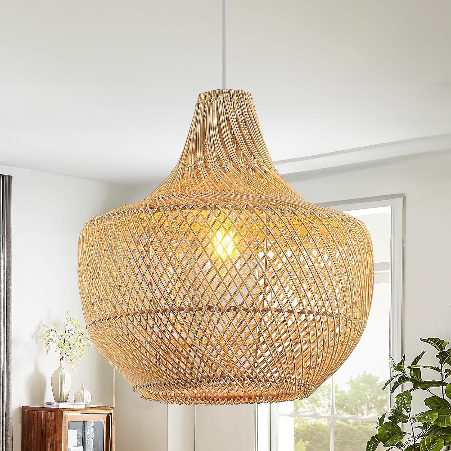Schindora Lampadario Boho Rattan Tessuto a Mano E27 34cm - immagine 1