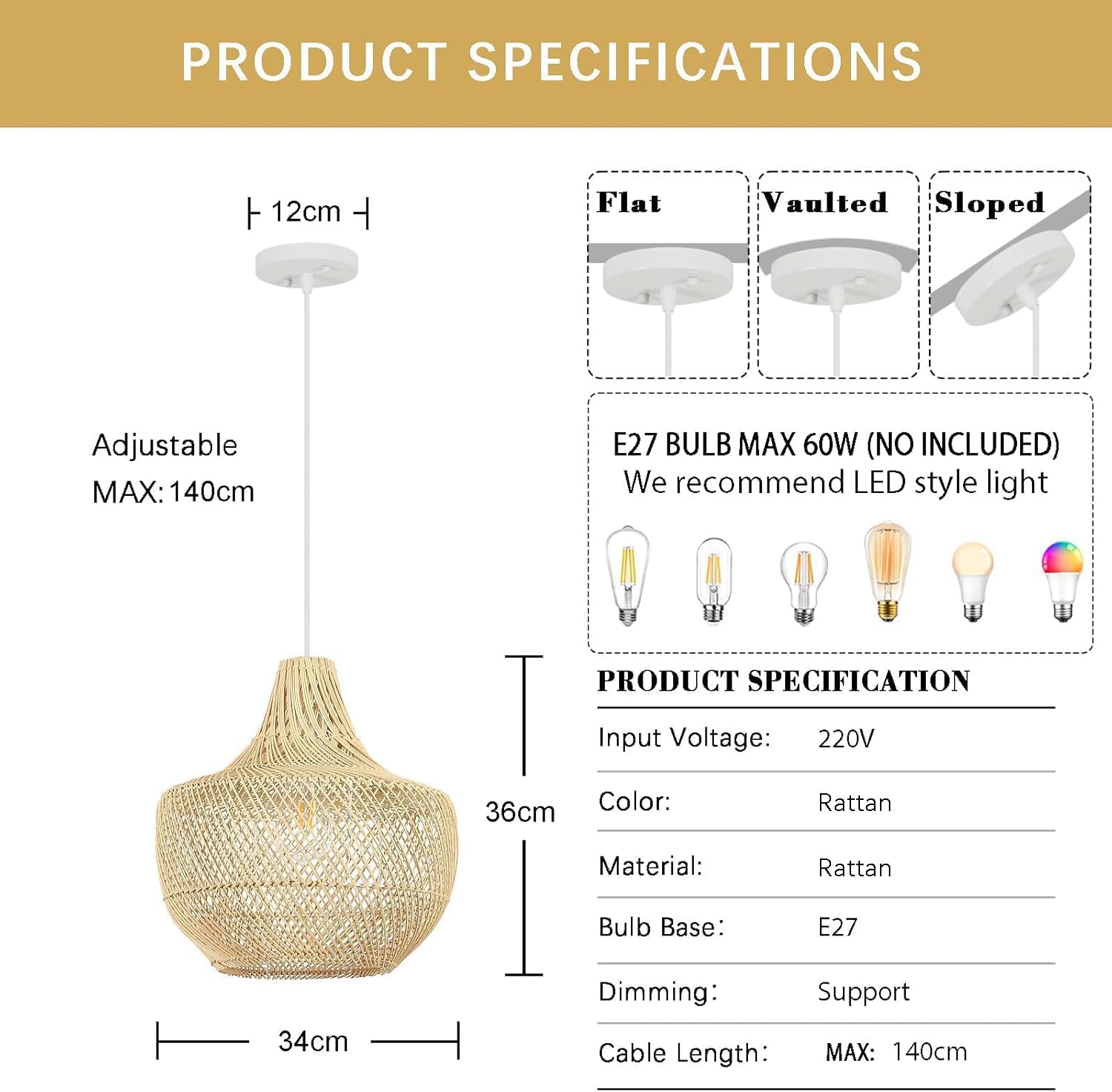 Schindora Lampadario Boho Rattan Tessuto a Mano E27 34cm - immagine 3