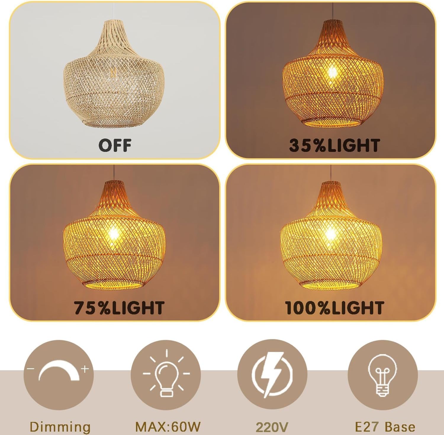 Schindora Lampadario Boho Rattan Tessuto a Mano E27 34cm - immagine 5