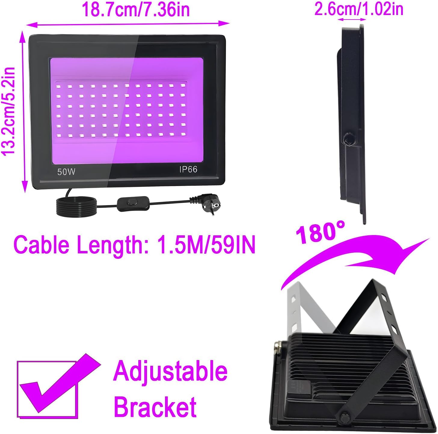 Faretto UV LED 50W IP66 Impermeabile con Interruttore - immagine 3