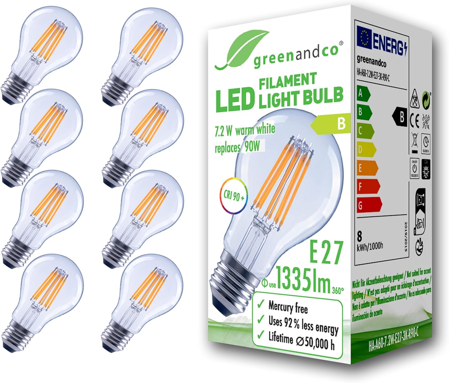 Greenandco 8 Lampadine LED Filamento E27 A60 7.2W - immagine 1
