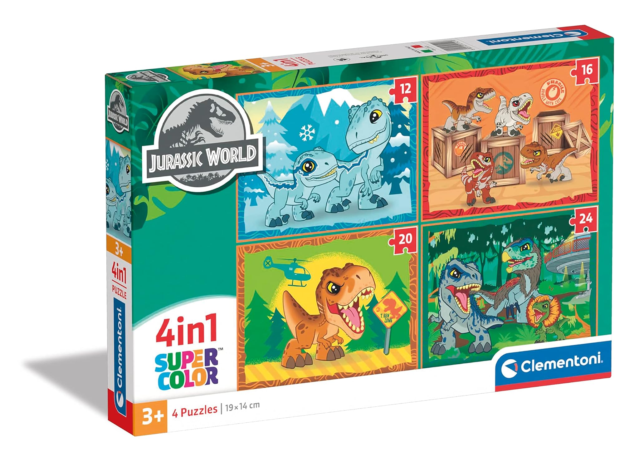 Clementoni - 21521 - Supercolor Puzzle - Jurassic World - 4 Puzzle da 12,16,20 e 24 Pezzi - Puzzle Bambini 3 Anni, Puzzle Cartoni Animati - Made In Italy