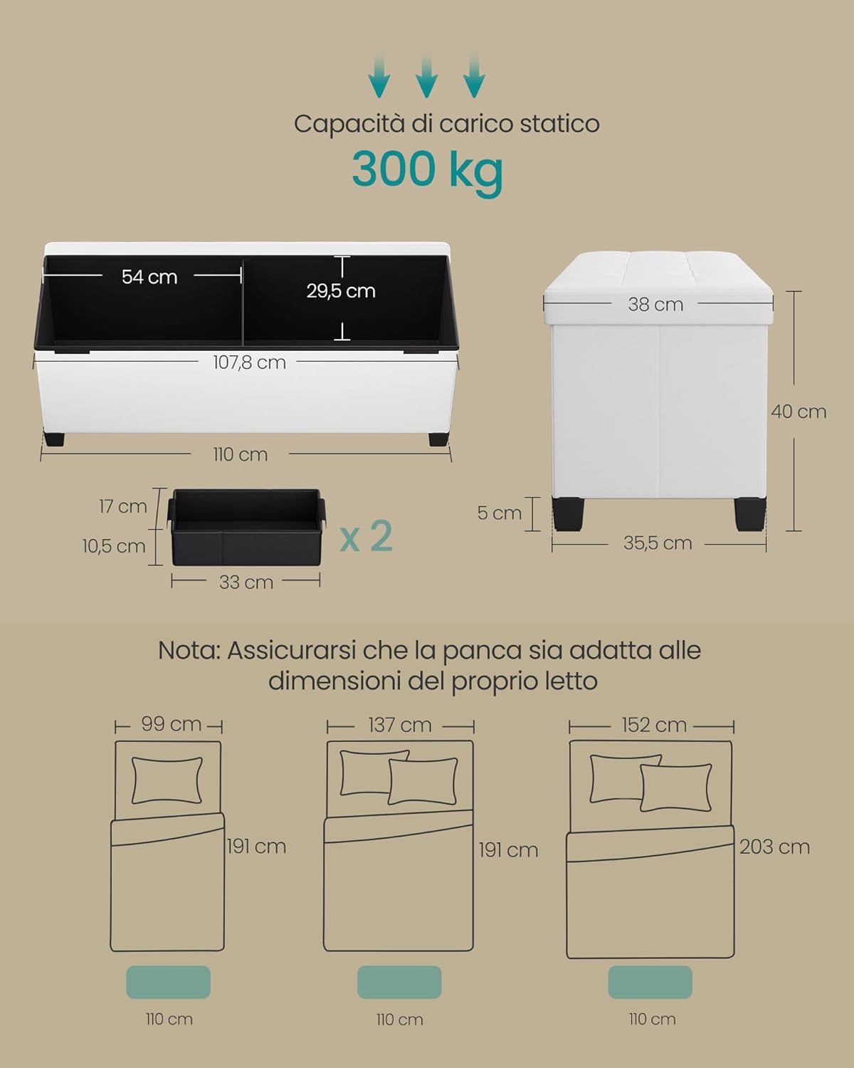 Songmics Pouf Contenitore con Gambe 38x110x40 cm - immagine 3