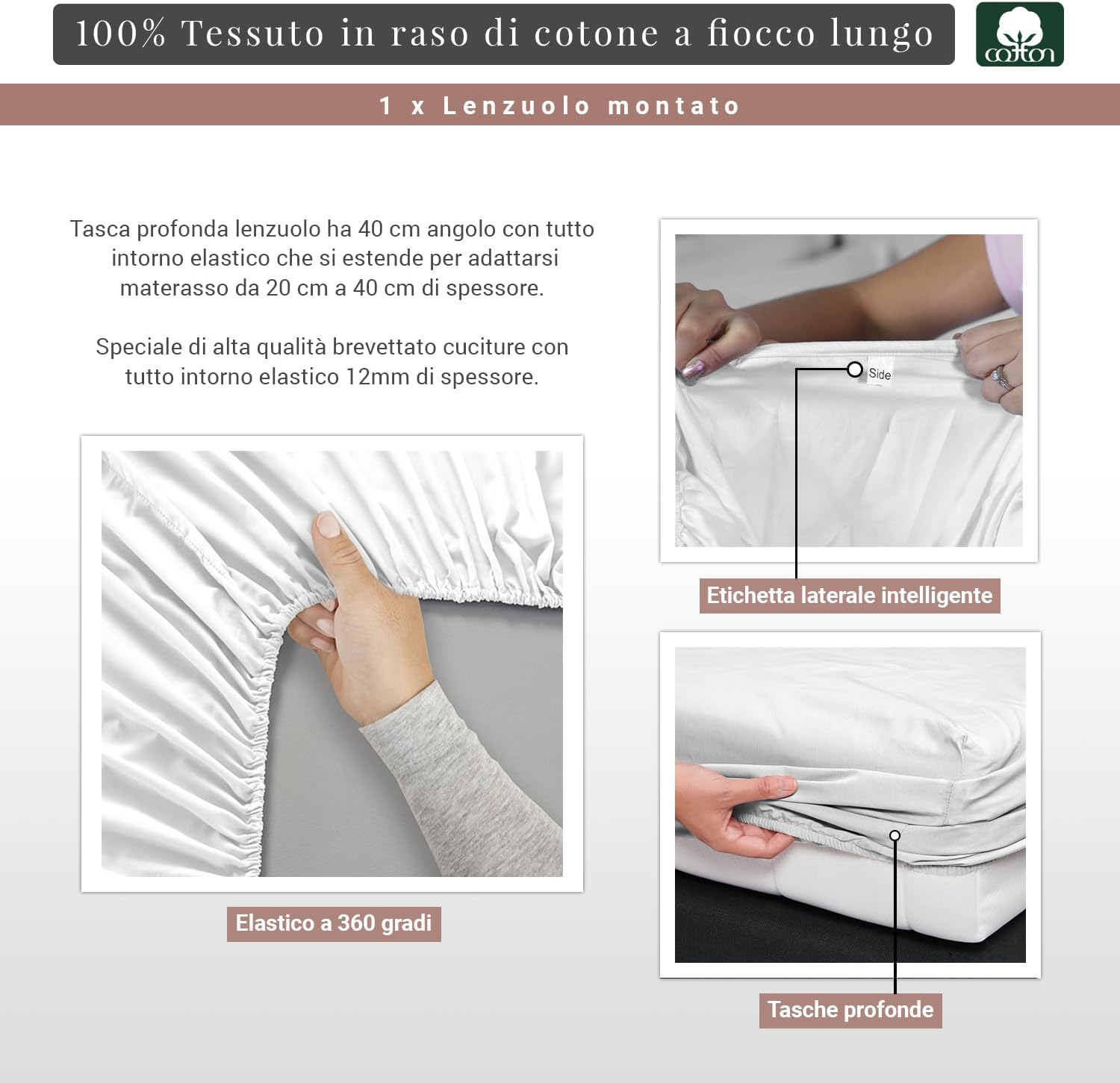 Pizuna Lenzuolo con Angoli Cotone 180x200 cm Bianco - immagine 3