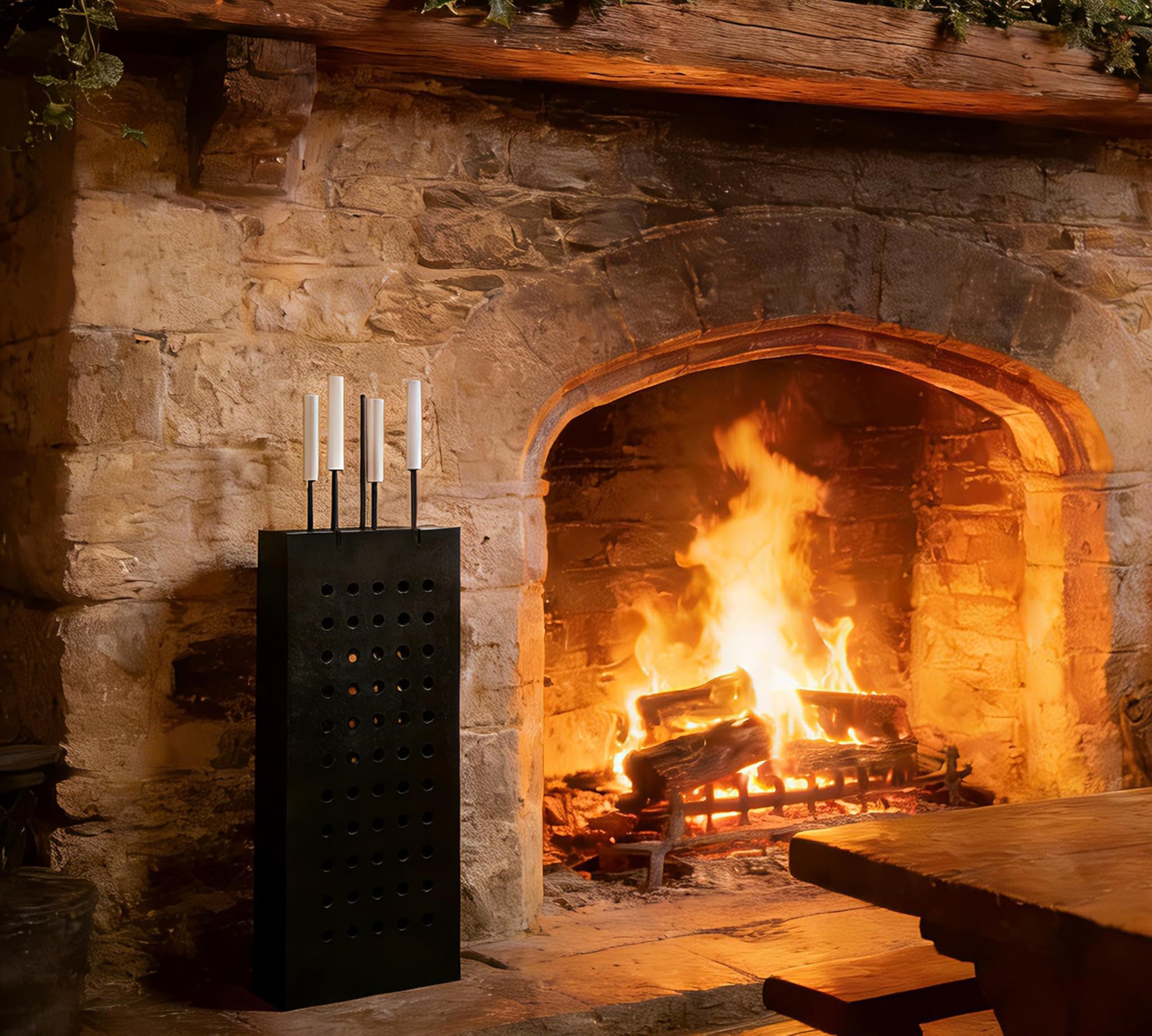 Set Attrezzi Camino 4 Pezzi con Secchio Rettangolare