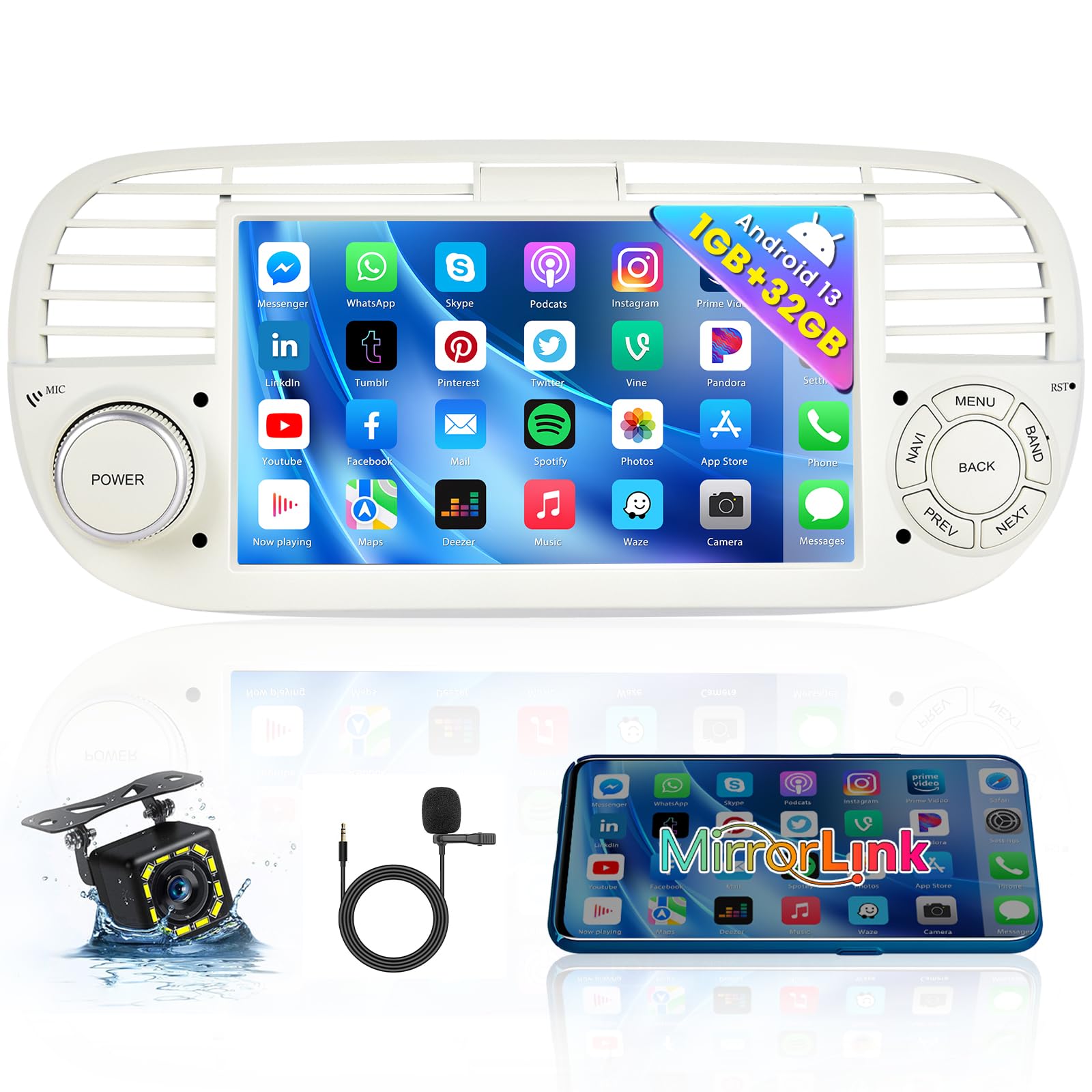 Hikity Android 13 Autoradio 7'' per Fiat 500 2007-2015