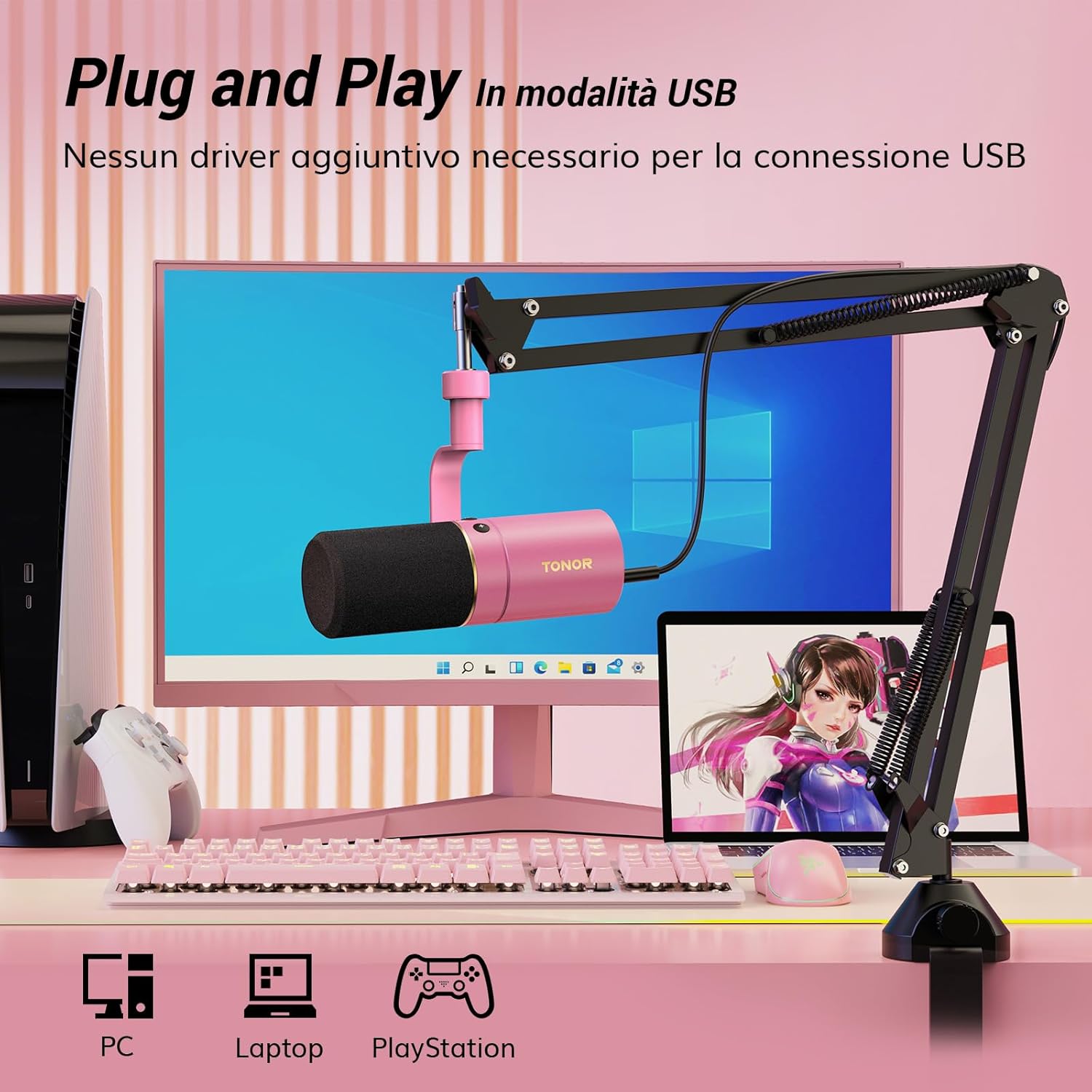 Tonor TD520 - Microfono USB/XLR Dinamico per Podcasting, Rosa - immagine 4