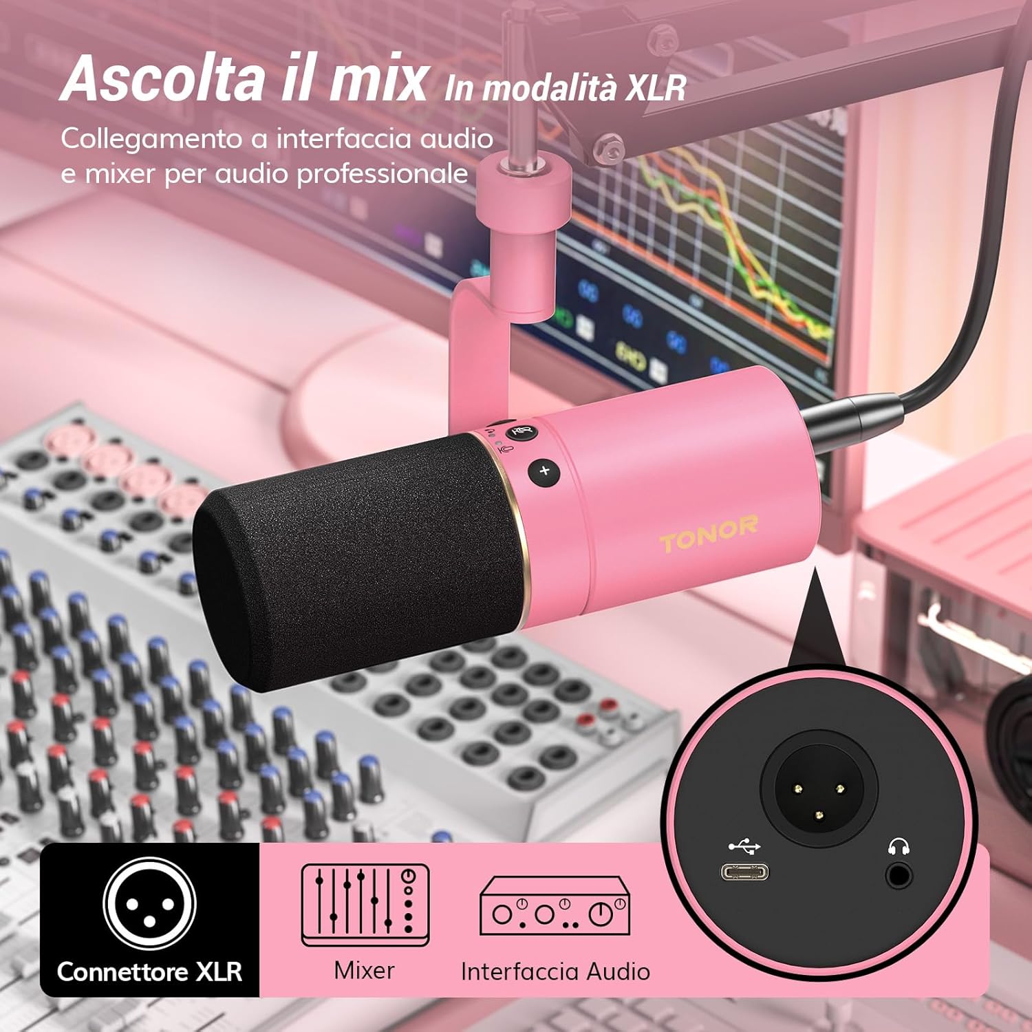 Tonor TD520 - Microfono USB/XLR Dinamico per Podcasting, Rosa - immagine 5