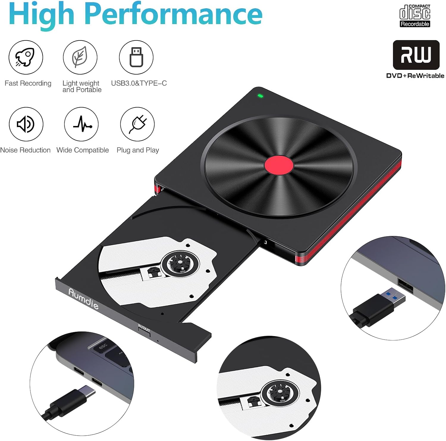 Aumdie Lettore CD DVD Esterno USB 3.0 & Type C - immagine 3