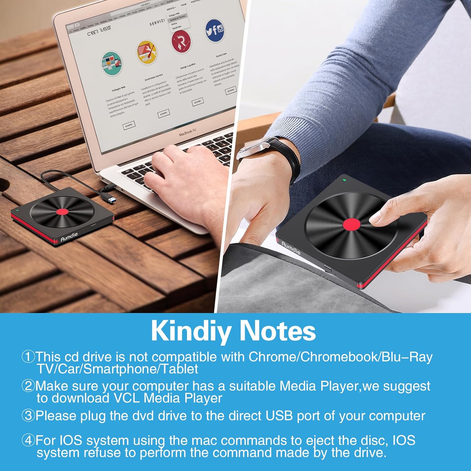 Aumdie Lettore CD DVD Esterno USB 3.0 & Type C - immagine 7