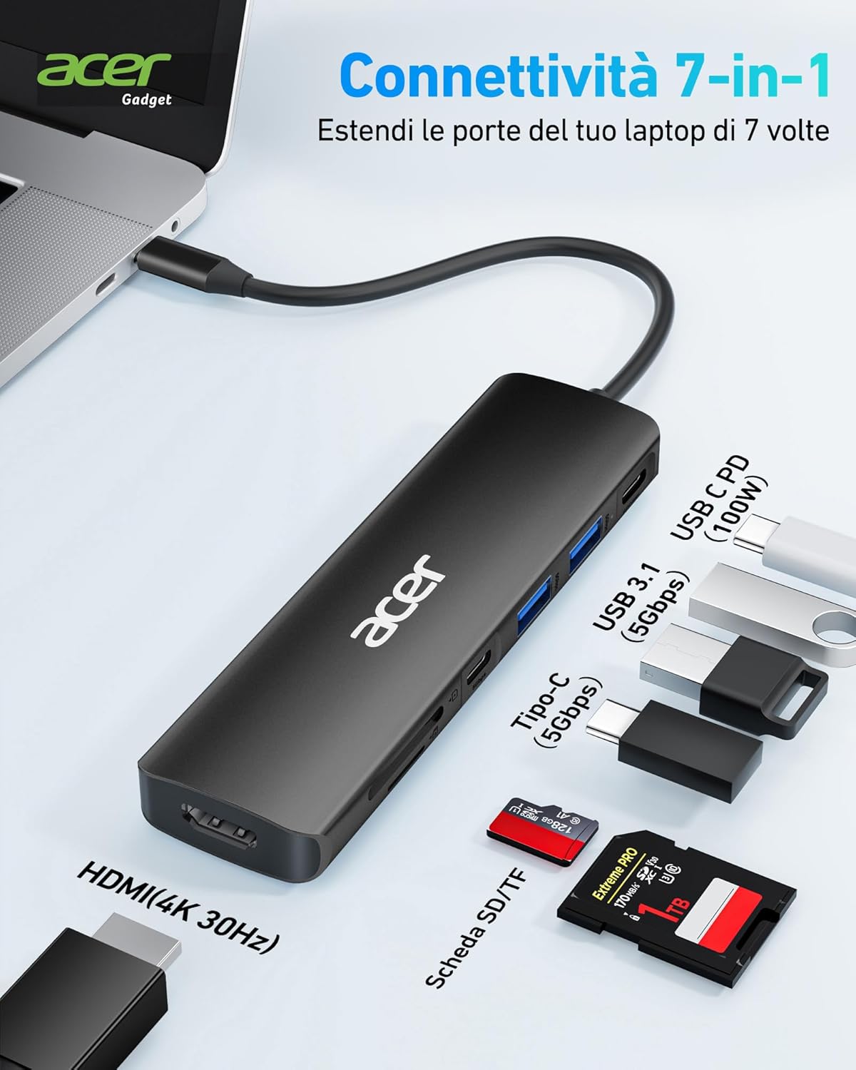 Acer Hub USB C 7 in 1 con HDMI 4K e PD 100W, Nero - immagine 2