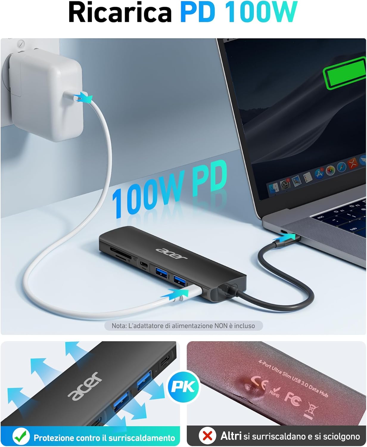 Acer Hub USB C 7 in 1 con HDMI 4K e PD 100W, Nero - immagine 3