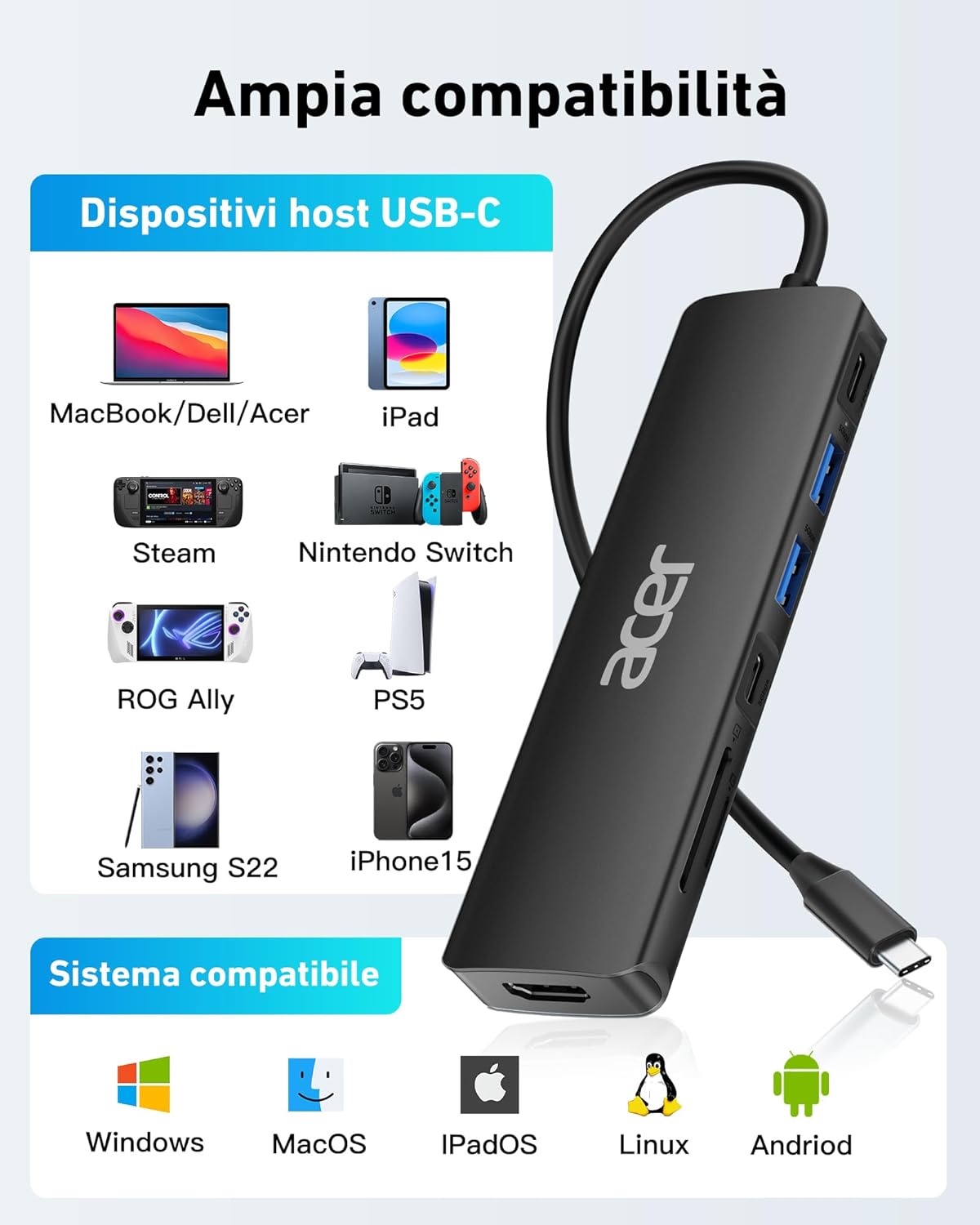 Acer Hub USB C 7 in 1 con HDMI 4K e PD 100W, Nero - immagine 6