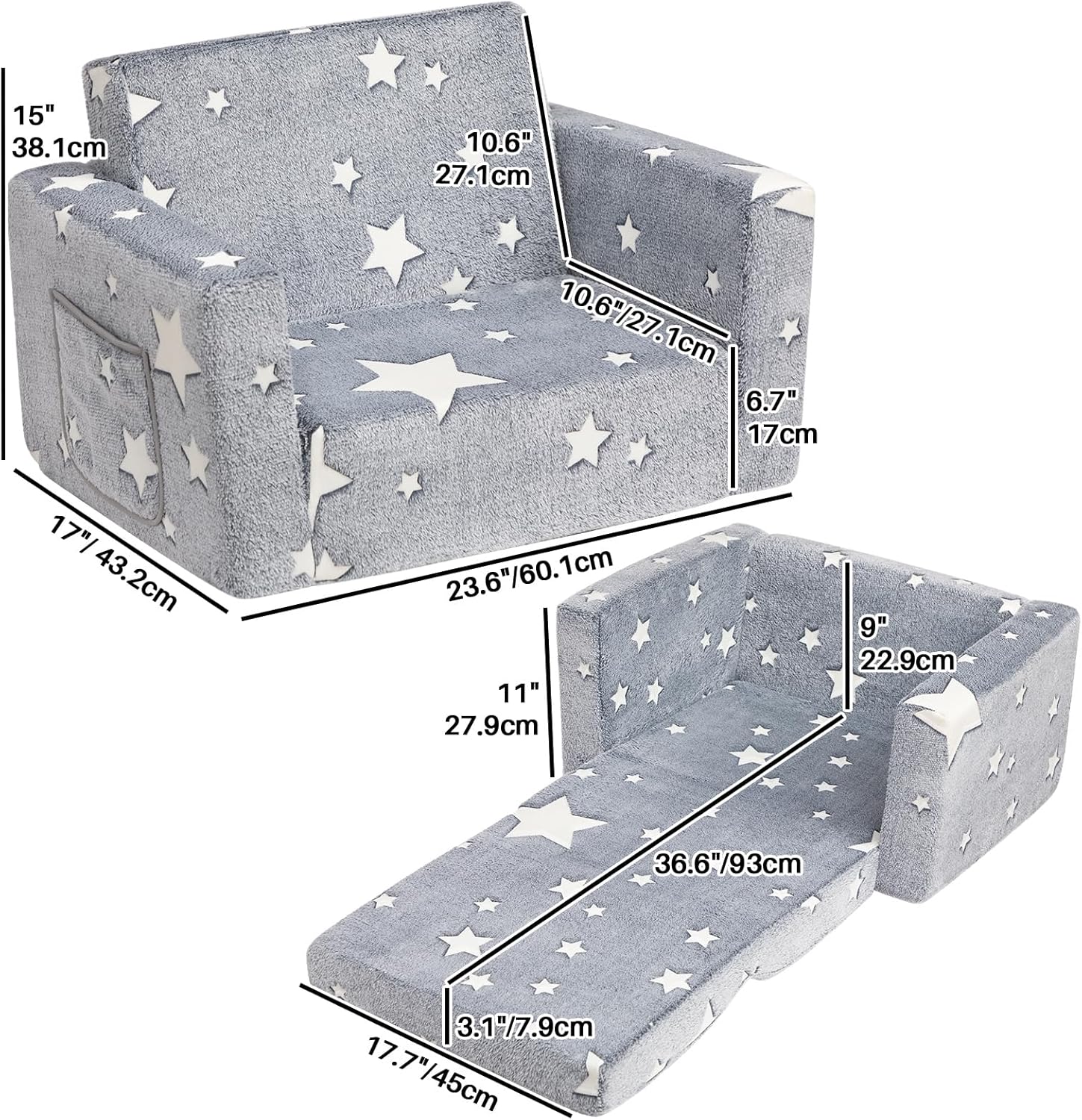 Bejoy Divano Letto Pieghevole 2 in 1 per Bambini, Grigio Stelle - immagine 3