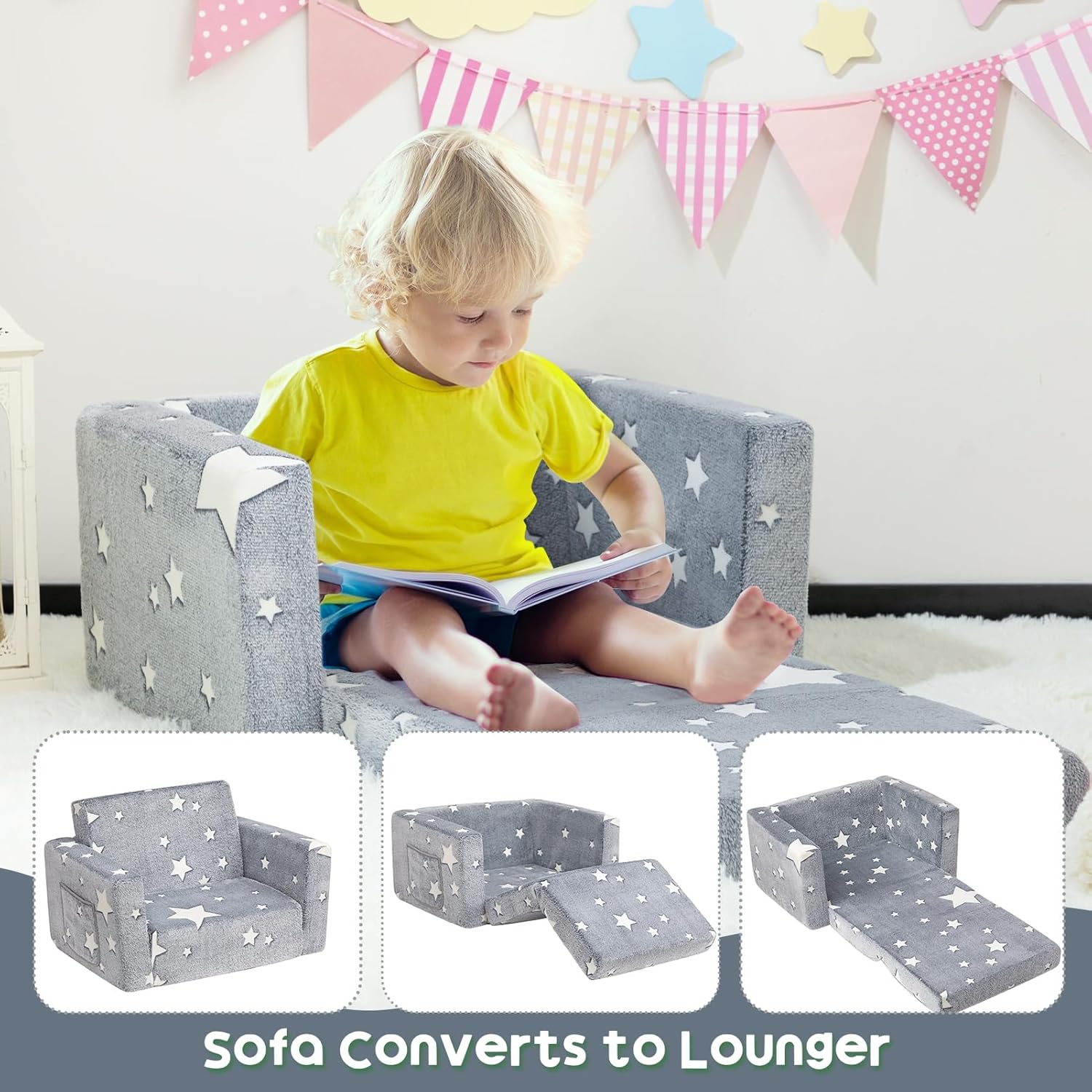Bejoy Divano Letto Pieghevole 2 in 1 per Bambini, Grigio Stelle - immagine 5
