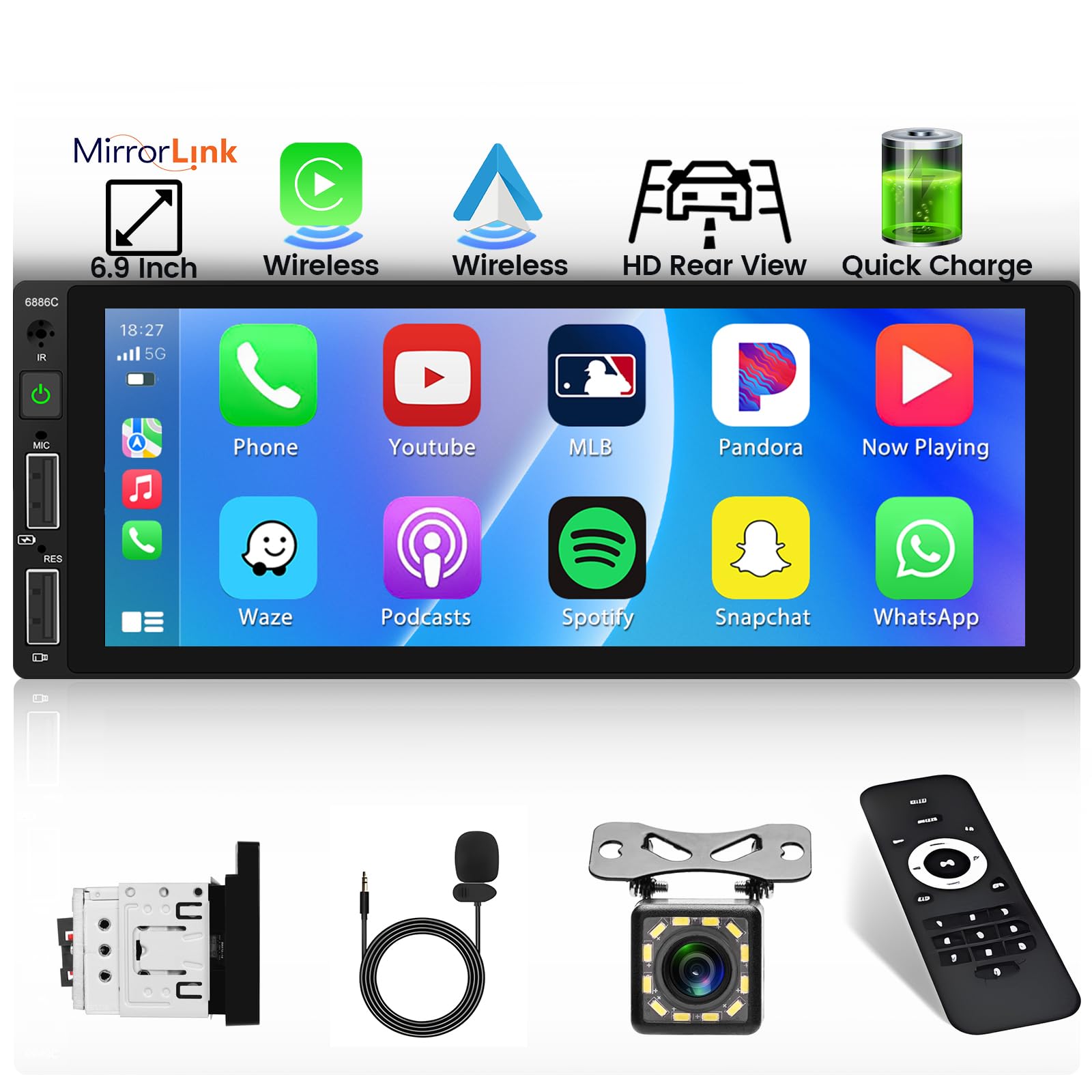 Inefala Autoradio 1 Din con Wireless CarPlay e Android Auto