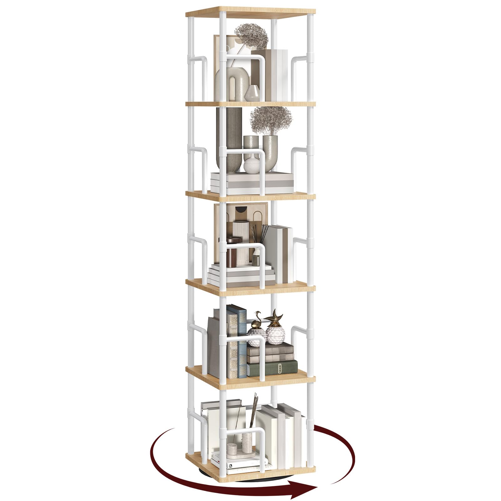 Libreria Girevole a 5 Livelli 360°, Stile Industriale, Bianco
