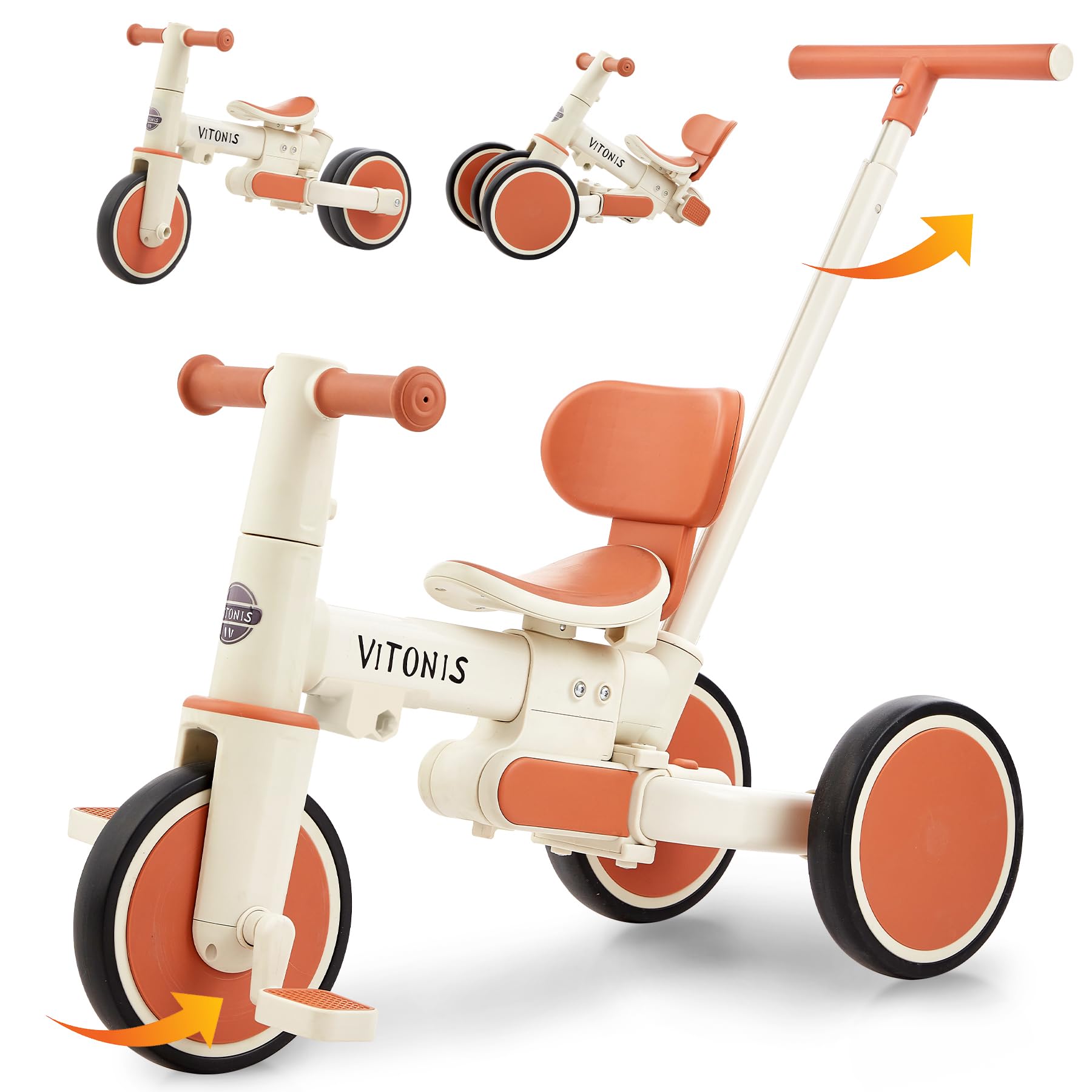 bicicletta senza pedali da 1 anno, triciclo 5 in 1 con barra di spinta per bambini, girello per bambini da 1 a 4 anni Regali e giocattoli (beige)