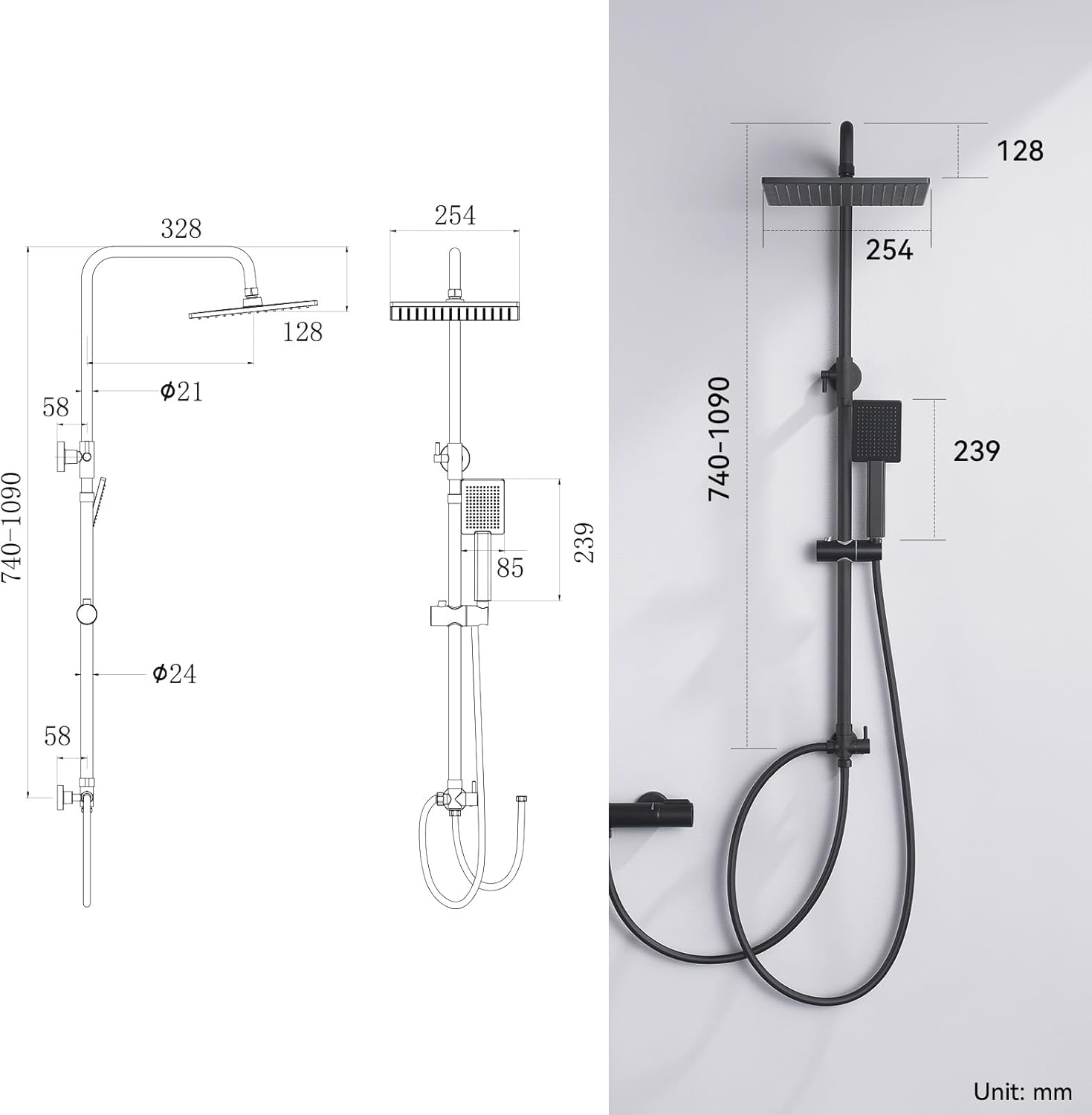 Auralum Colonna Doccia Nera Regolabile 74-109cm - immagine 7