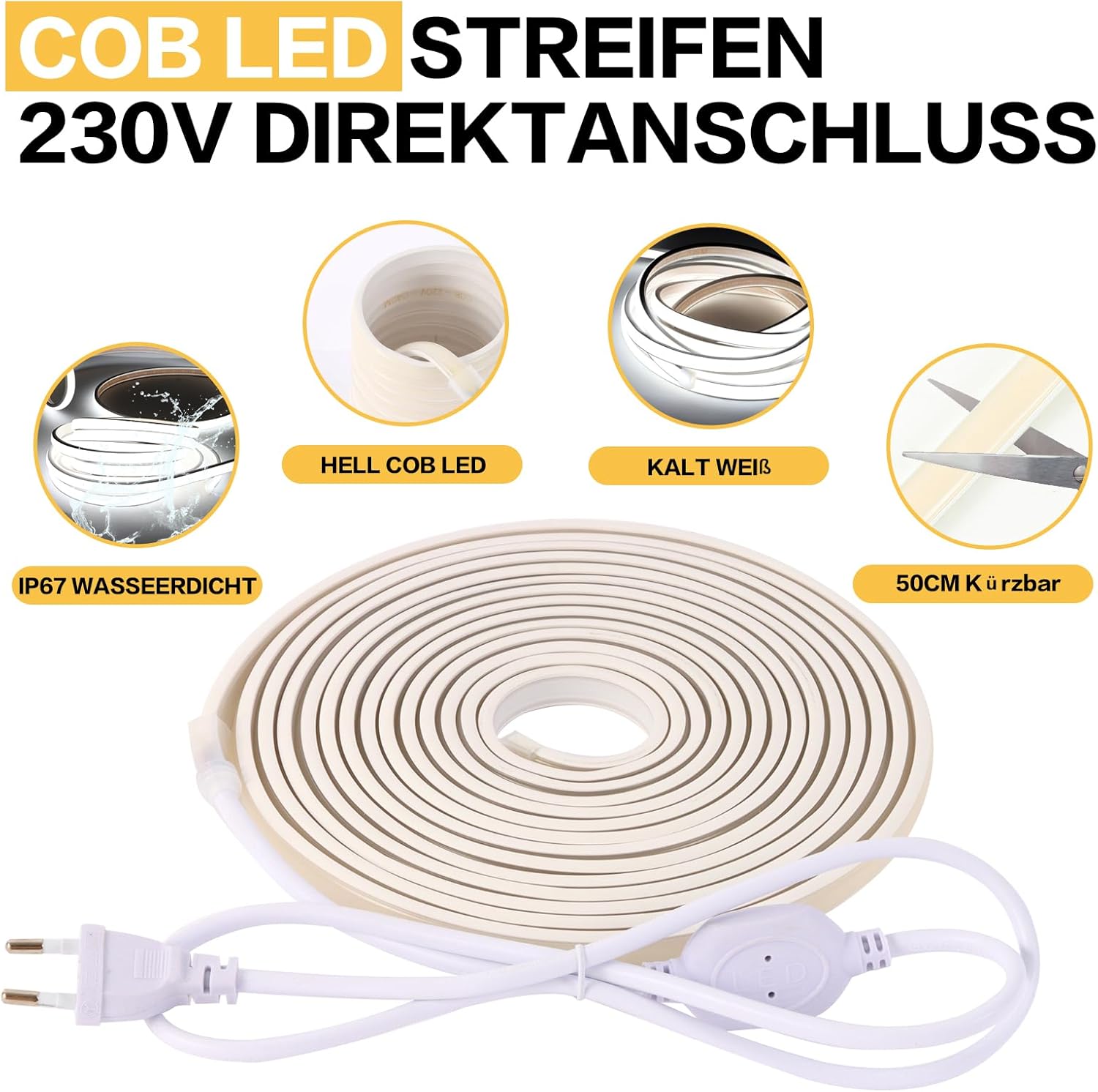 Pcning Striscia LED COB 220V 10M IP67 Bianco Freddo - immagine 2