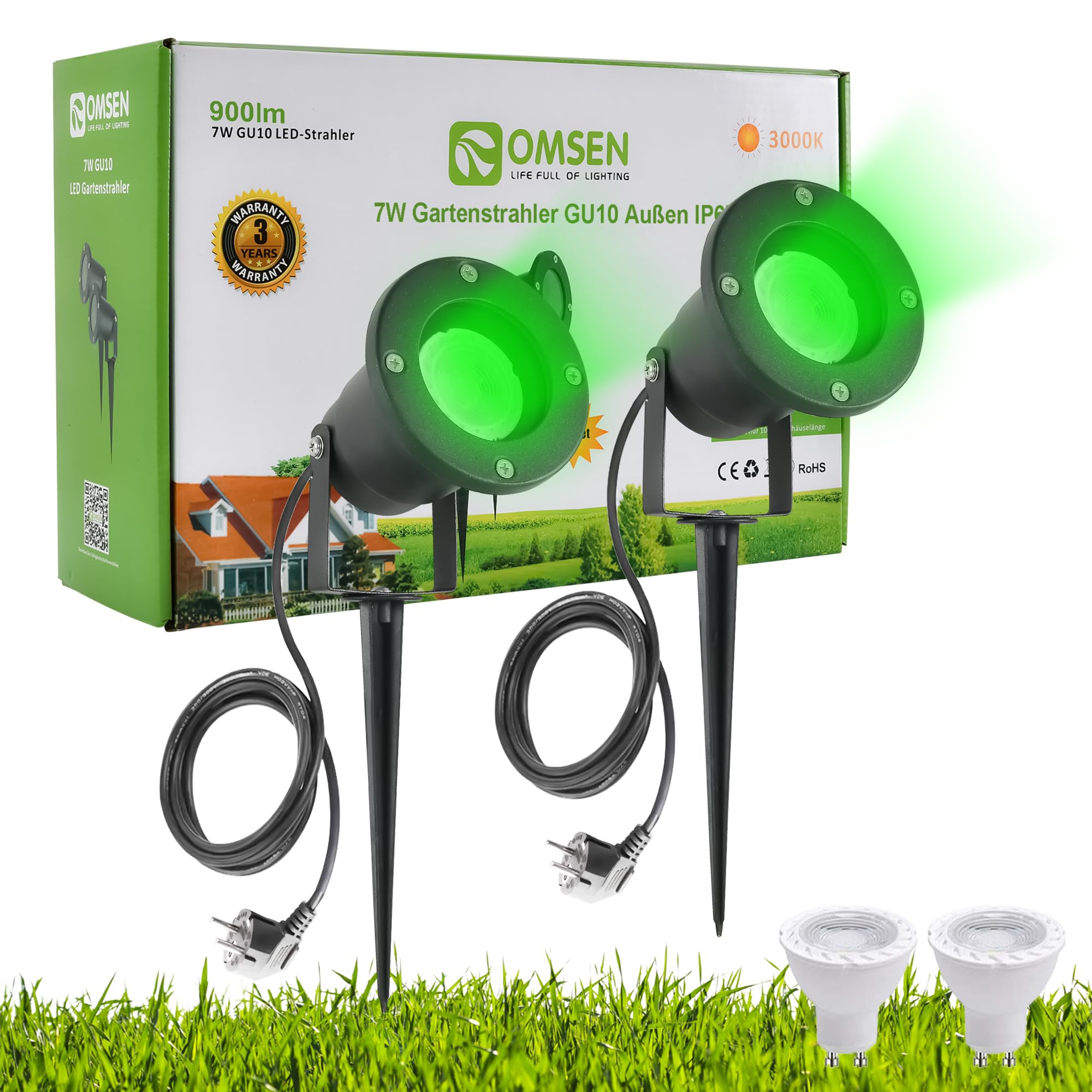 Omsen Faretti da Giardino con Picchetto GU10 7W Luce Verde