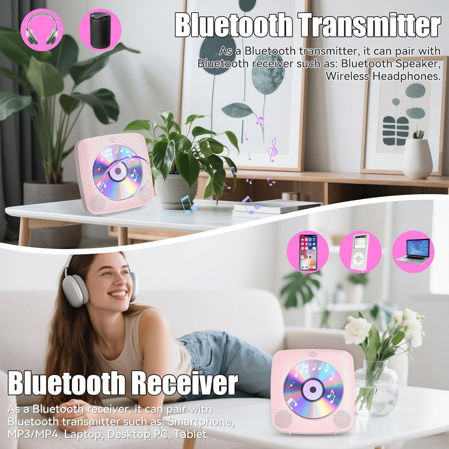 Gueray Lettore CD Portatile Bluetooth 1800mAh, Rosa - immagine 3