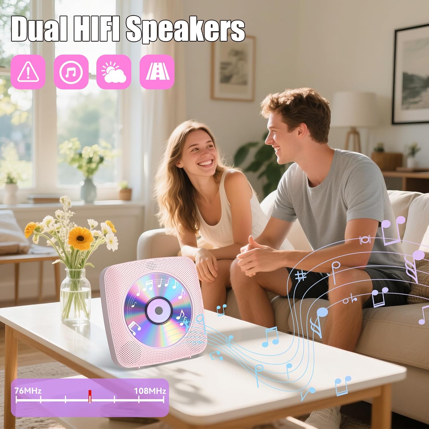 Gueray Lettore CD Portatile Bluetooth 1800mAh, Rosa - immagine 8