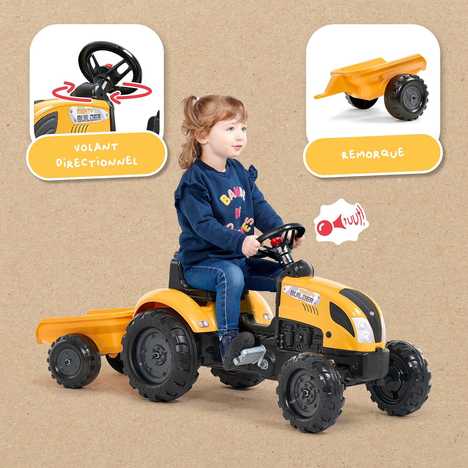 Falk Trattore a Pedali Mighty Builder Giallo con Rimorchio - immagine 3