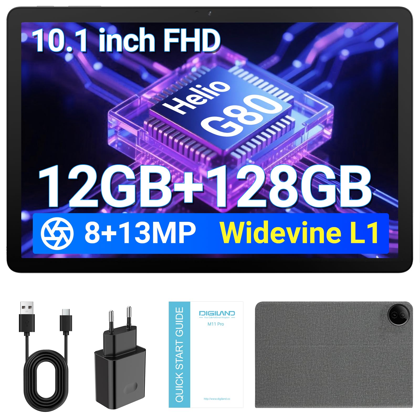 Digiland 2025 Tablet Android 10.1'' HD, Grigio