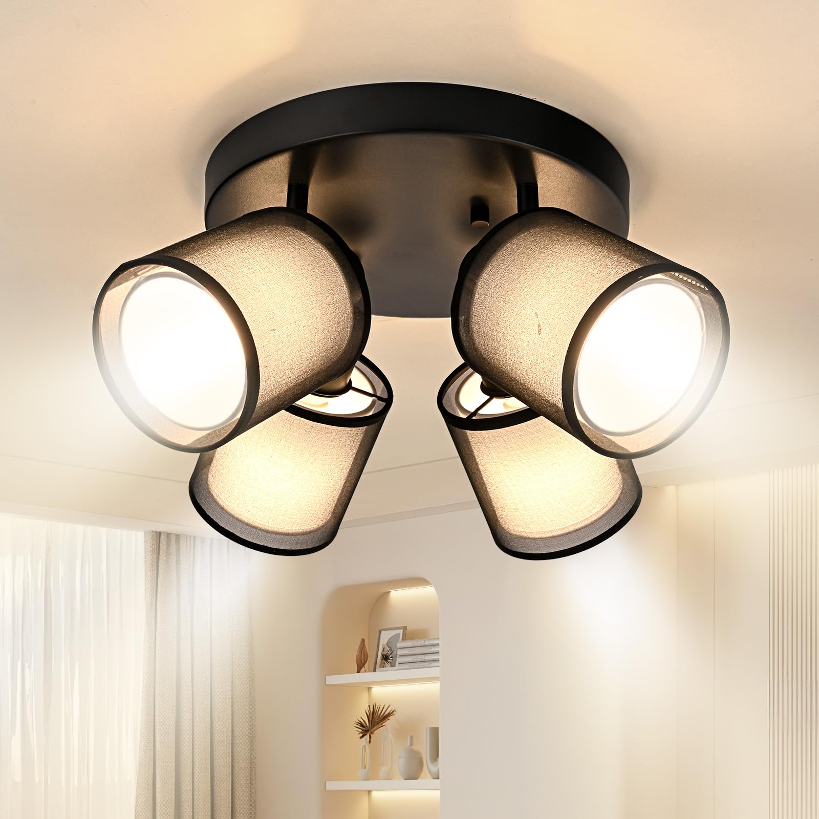 Plafoniera 4 Faretti Orientabili E14, Nero Rotonda