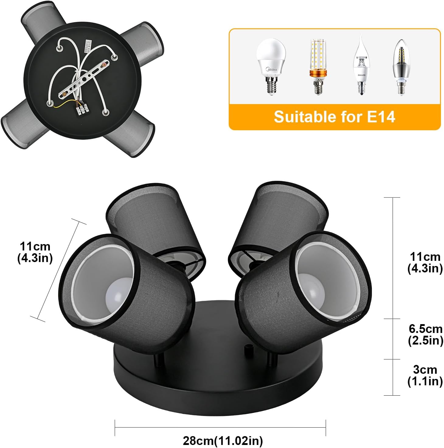 Plafoniera 4 Faretti Orientabili E14, Nero Rotonda - immagine 7