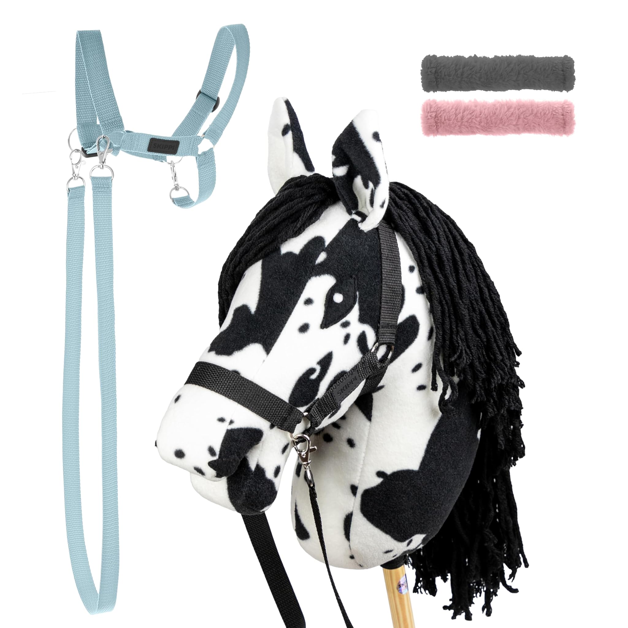 SKIPPI Set Hobby Horse Pezzato Nero con Cavezza Azzurra
