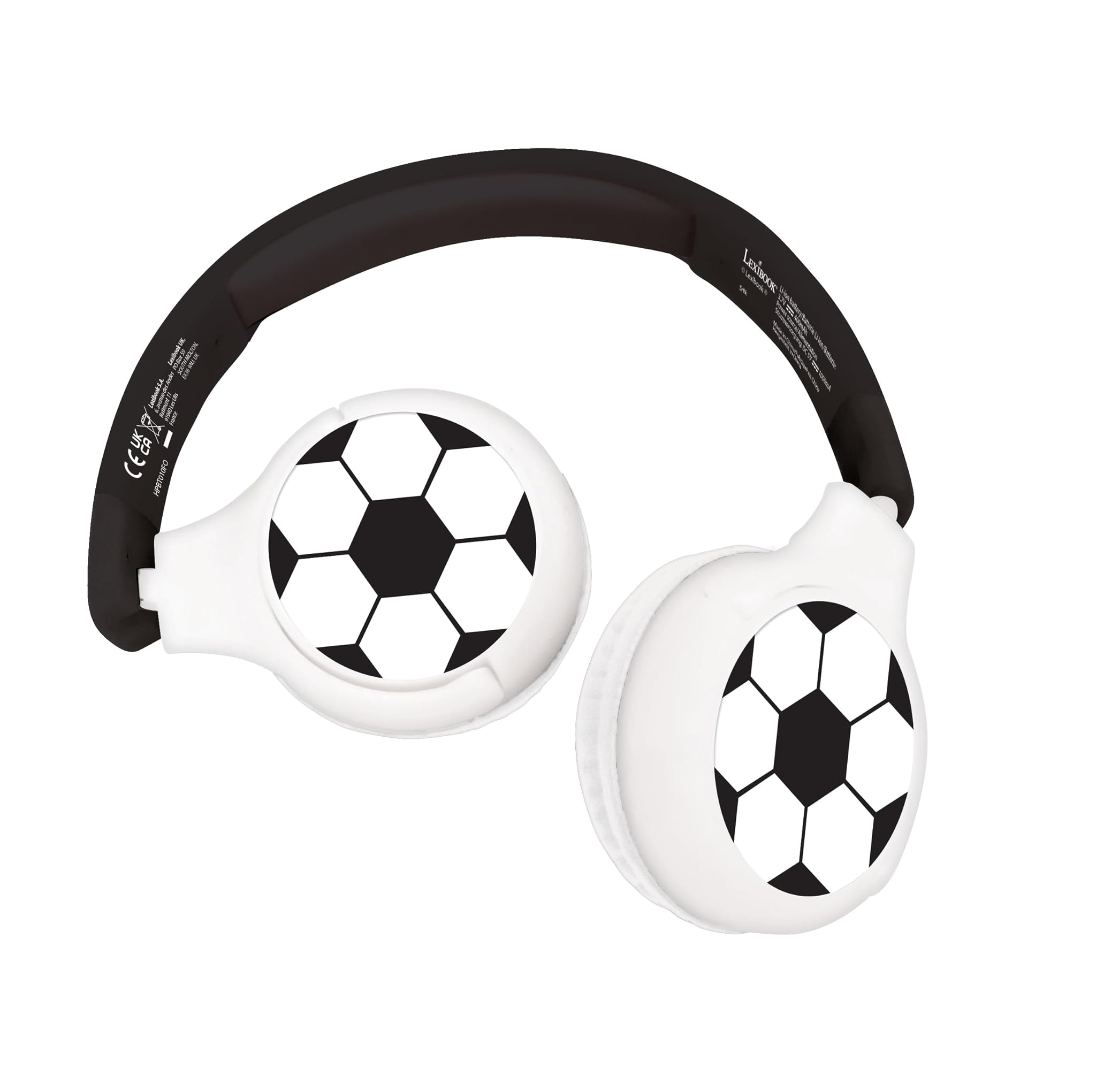 Lexibook, Football, Cuffie Bluetooth e cablate 2 in 1 con microfono e pulsante di controllo, pieghevoli e regolabili, batteria ricaricabile di lunga durata, bianco/nero, HPBT010FO