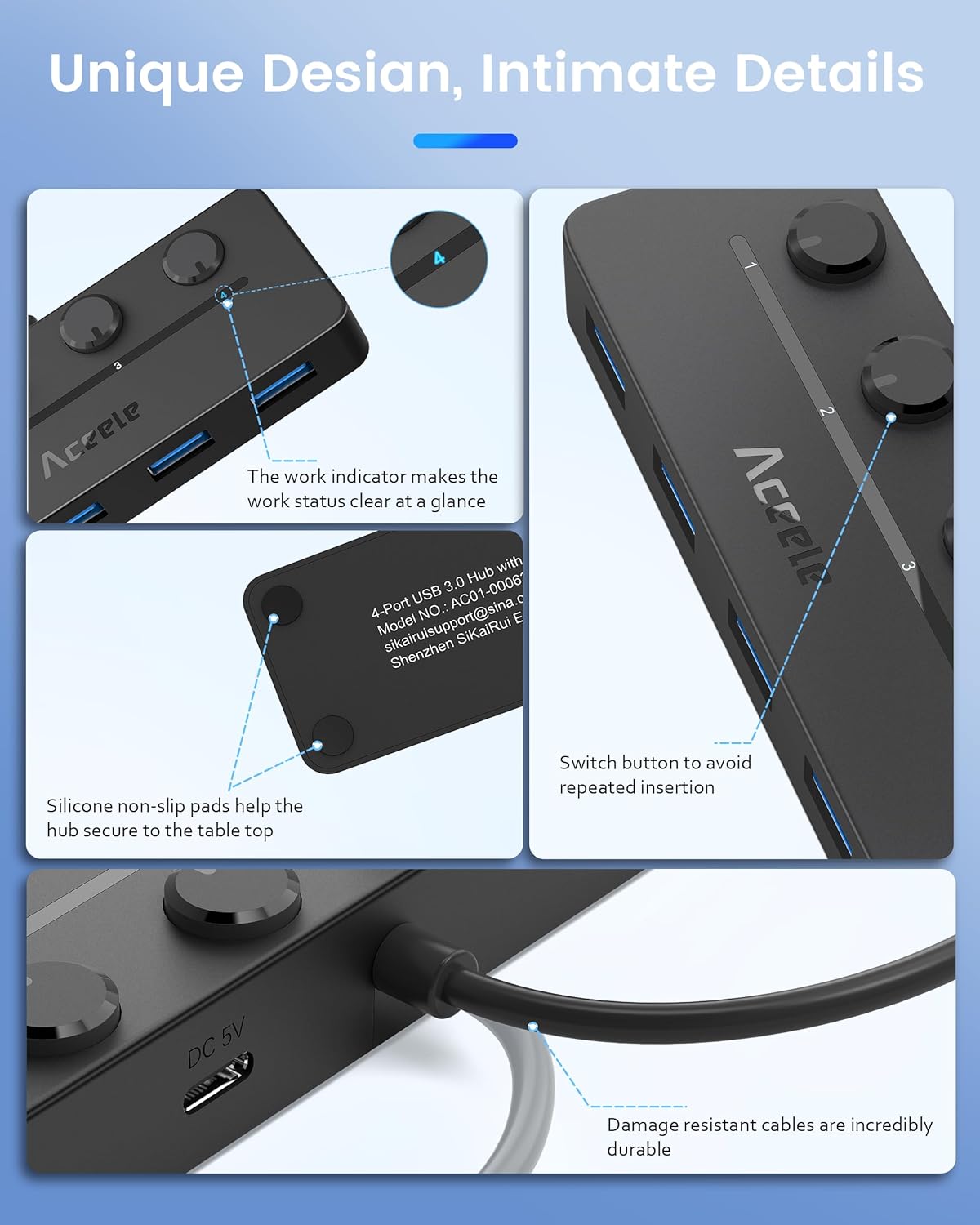Aceele Hub USB 3.0 a 4 Porte con Interruttori LED - immagine 6