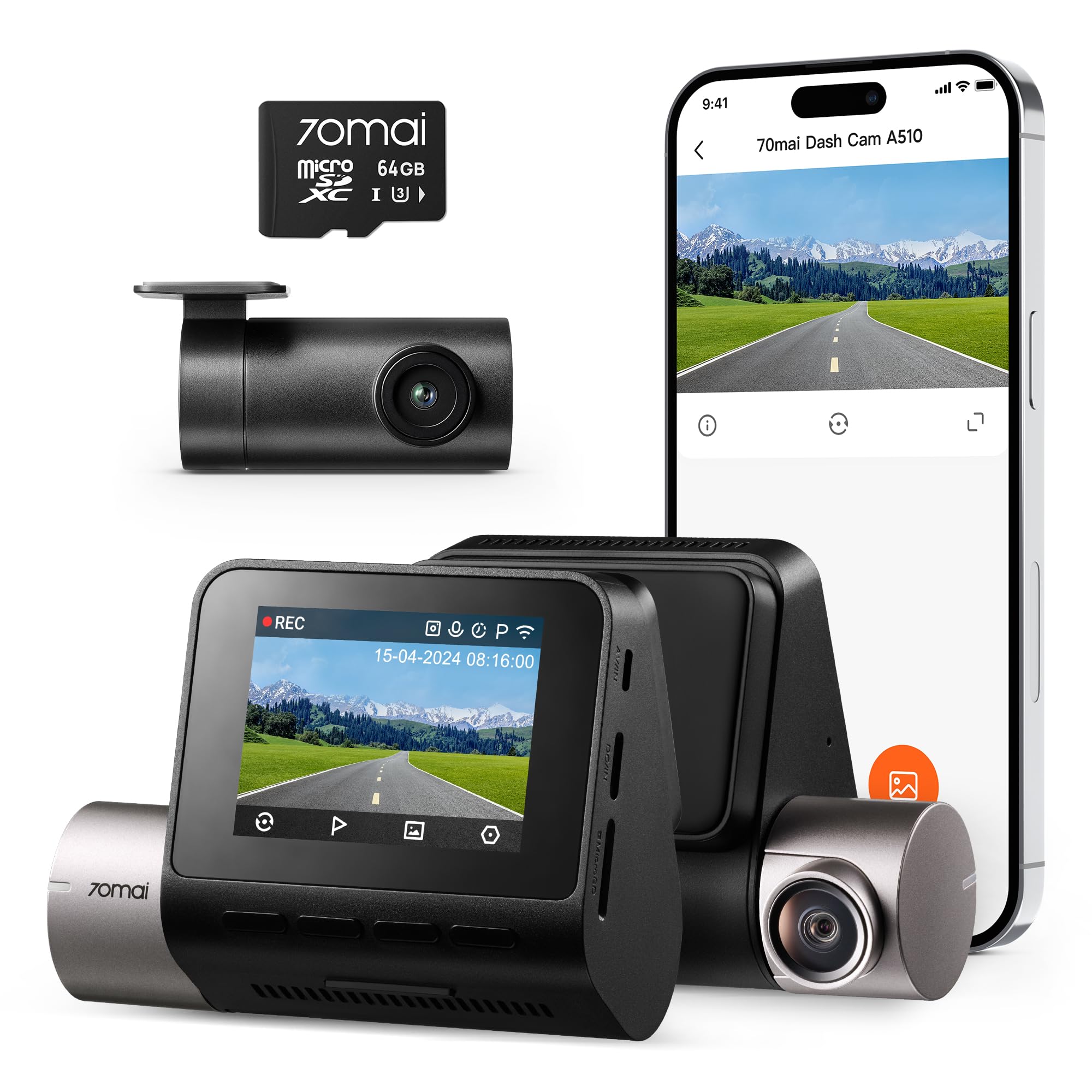 70mai Dash Cam Auto A510 Full-HD con SD 64GB